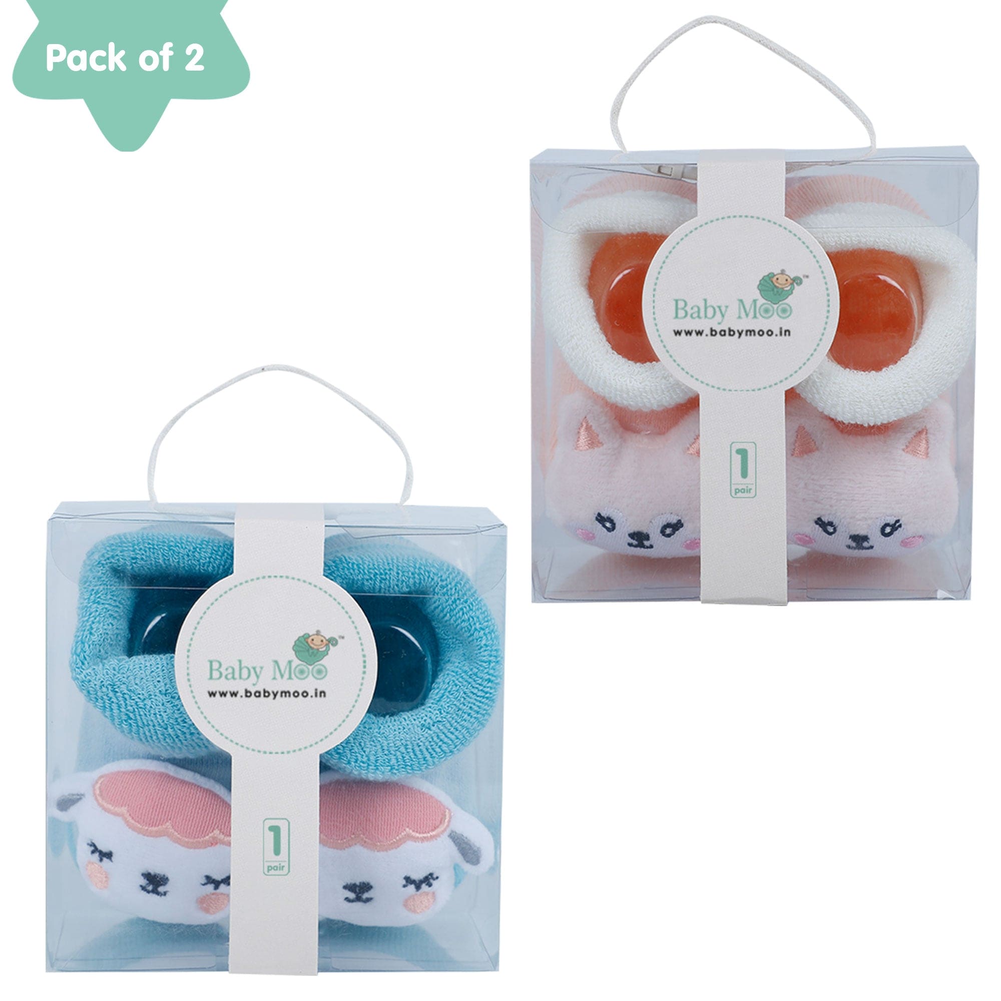 Baby Moo Kitty And Cow 3D Rattle Anti-Skid Socks Booties Pack of 2 - Peach, Green