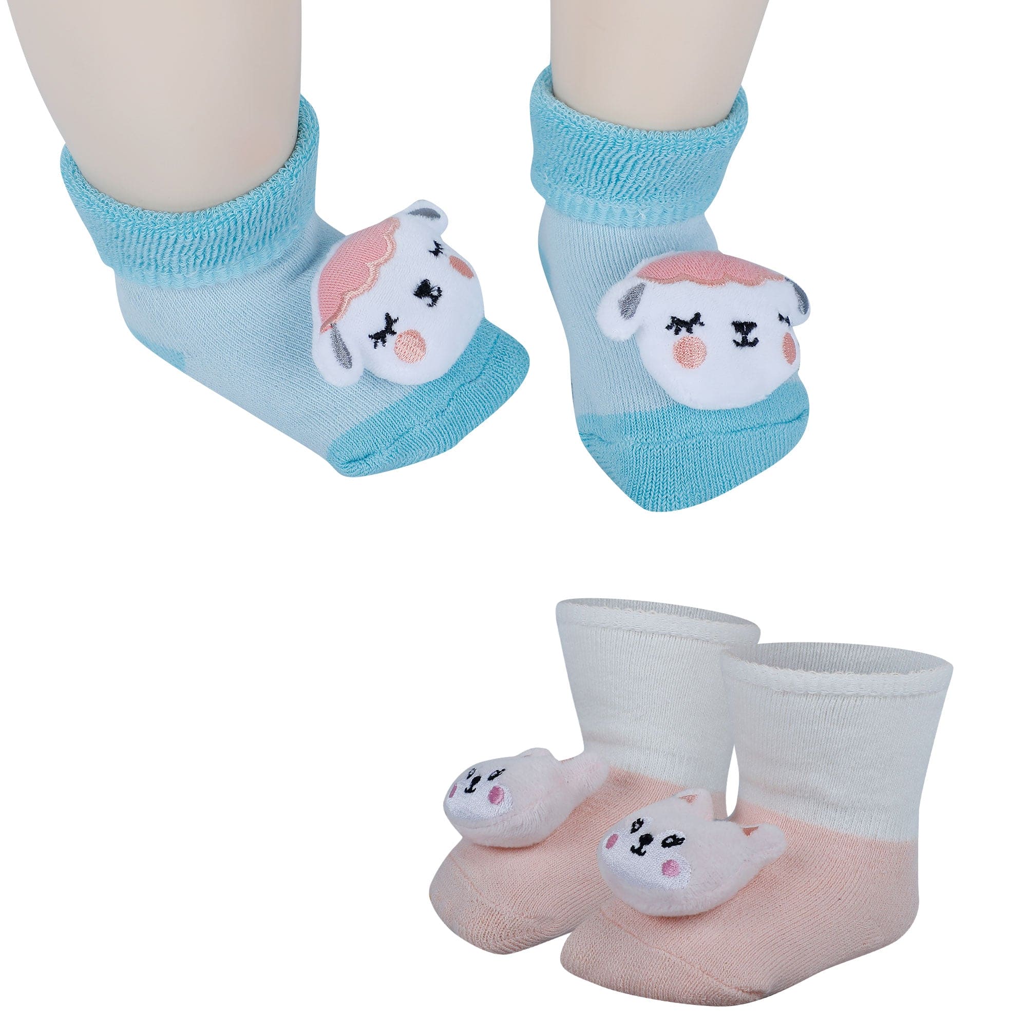 Baby Moo Kitty And Cow 3D Rattle Anti-Skid Socks Booties Pack of 2 - Peach, Green