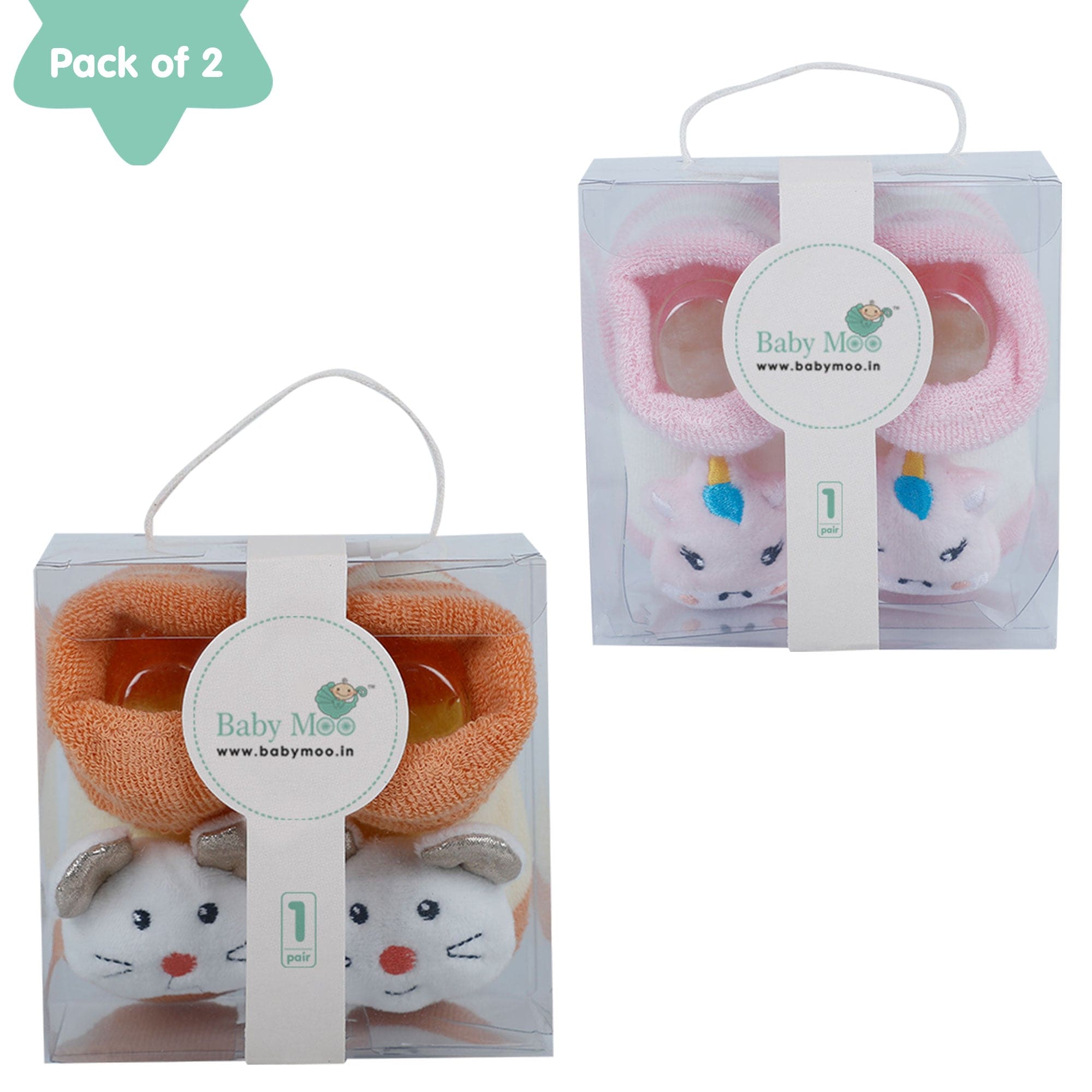 Baby Moo Unicorn And Mouse 3D Rattle Anti-Skid Socks Booties Pack of 2 - Pink, Orange