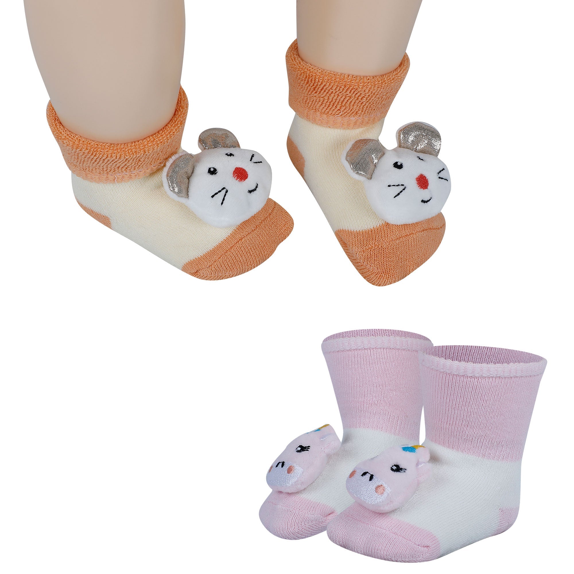 Baby Moo Unicorn And Mouse 3D Rattle Anti-Skid Socks Booties Pack of 2 - Pink, Orange