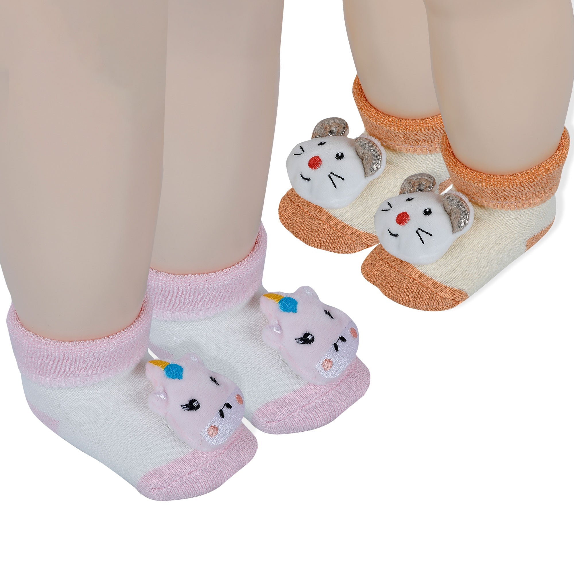 Baby Moo Unicorn And Mouse 3D Rattle Anti-Skid Socks Booties Pack of 2 - Pink, Orange