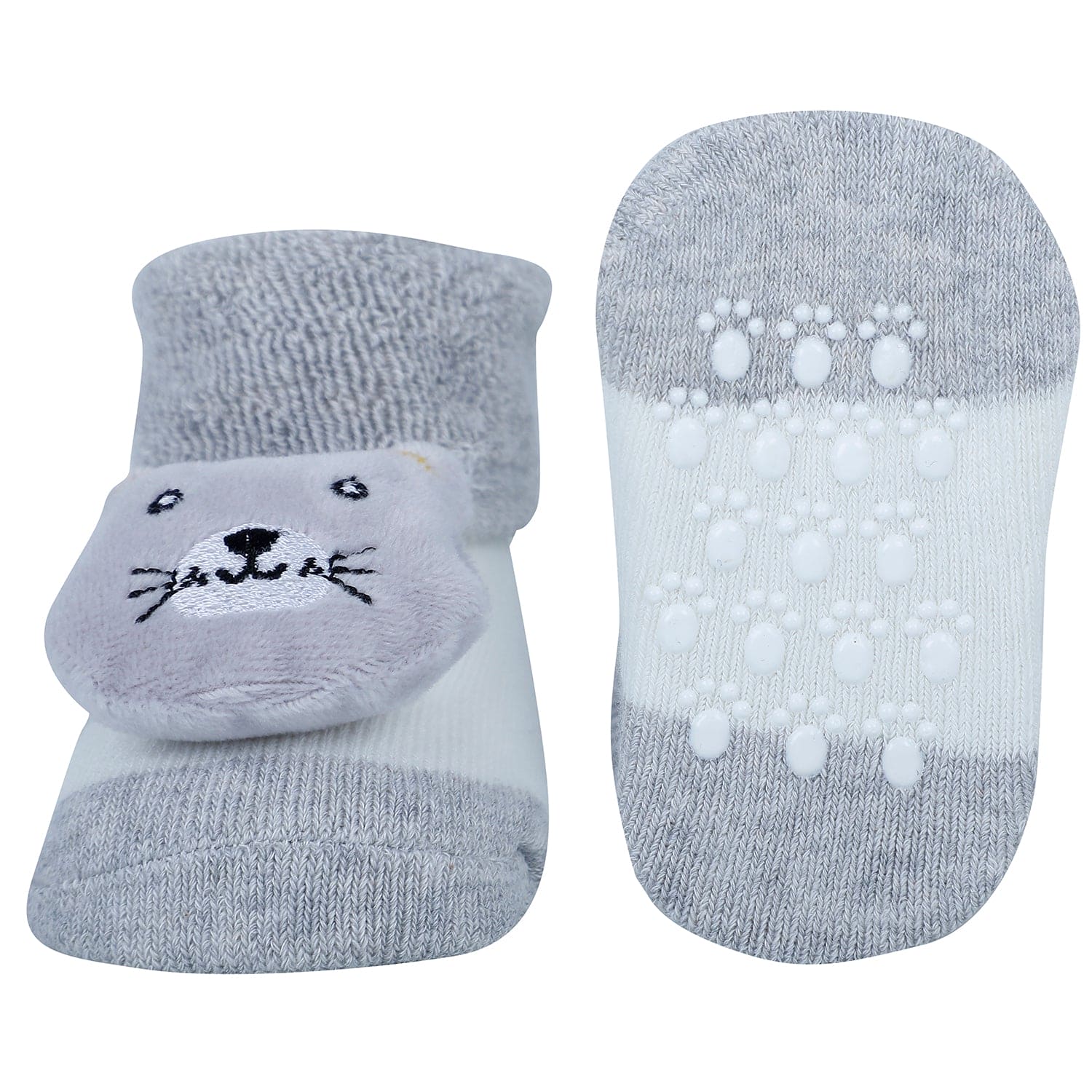 Baby Moo Tiger And Alligator 3D Rattle Anti-Skid Socks Booties Pack of 2 - Grey, Blue