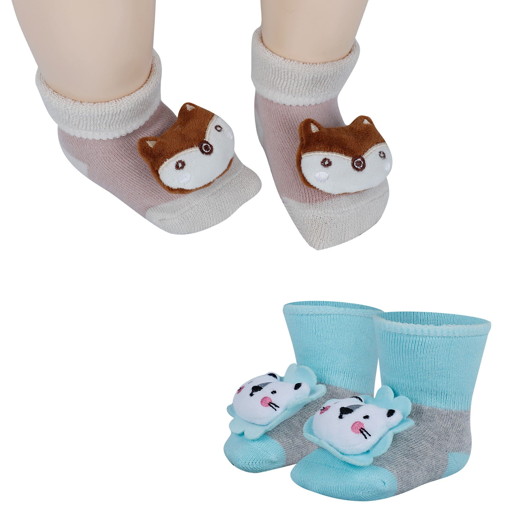 Baby Moo Fox And Bear 3D Rattle Anti-Skid Socks Booties Pack of 2 - Beige, Green