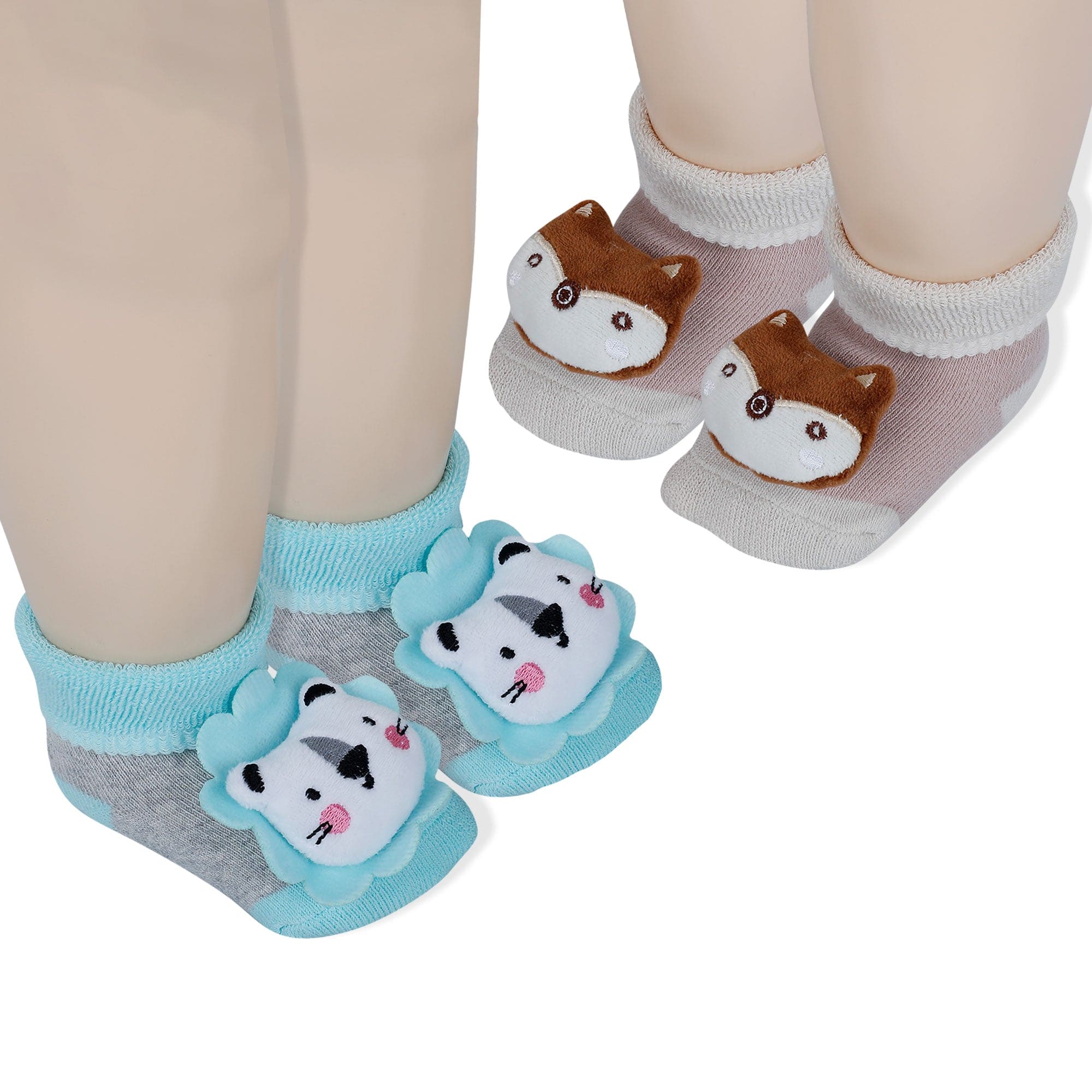 Baby Moo Fox And Bear 3D Rattle Anti-Skid Socks Booties Pack of 2 - Beige, Green