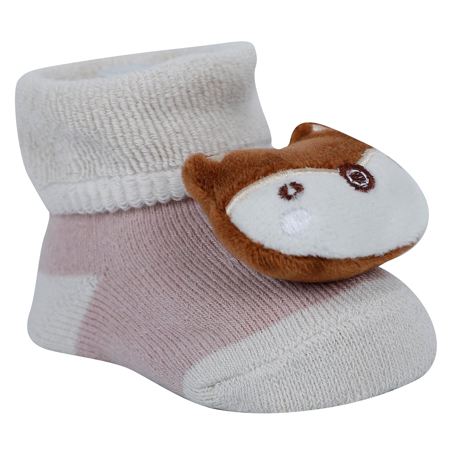 Baby Moo Fox And Bear 3D Rattle Anti-Skid Socks Booties Pack of 2 - Beige, Green