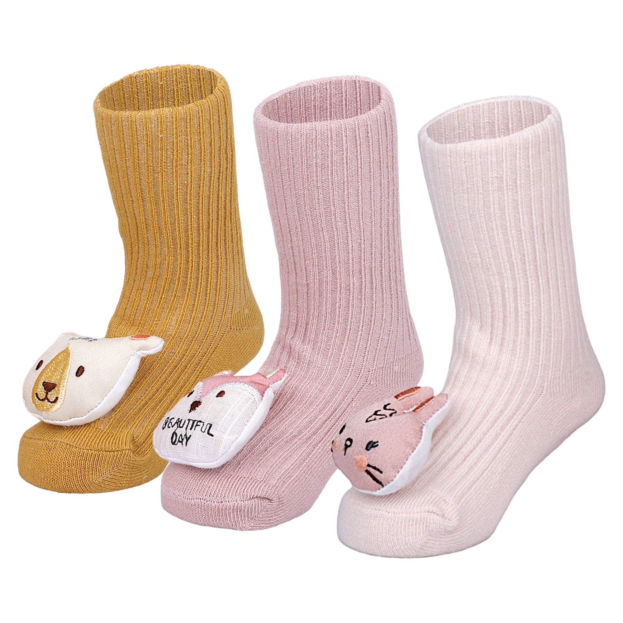 Baby Moo Bunny Fox Bear 3D Rattle Anti-Skid Socks Booties Pack of 3 - Mauve, Mustard