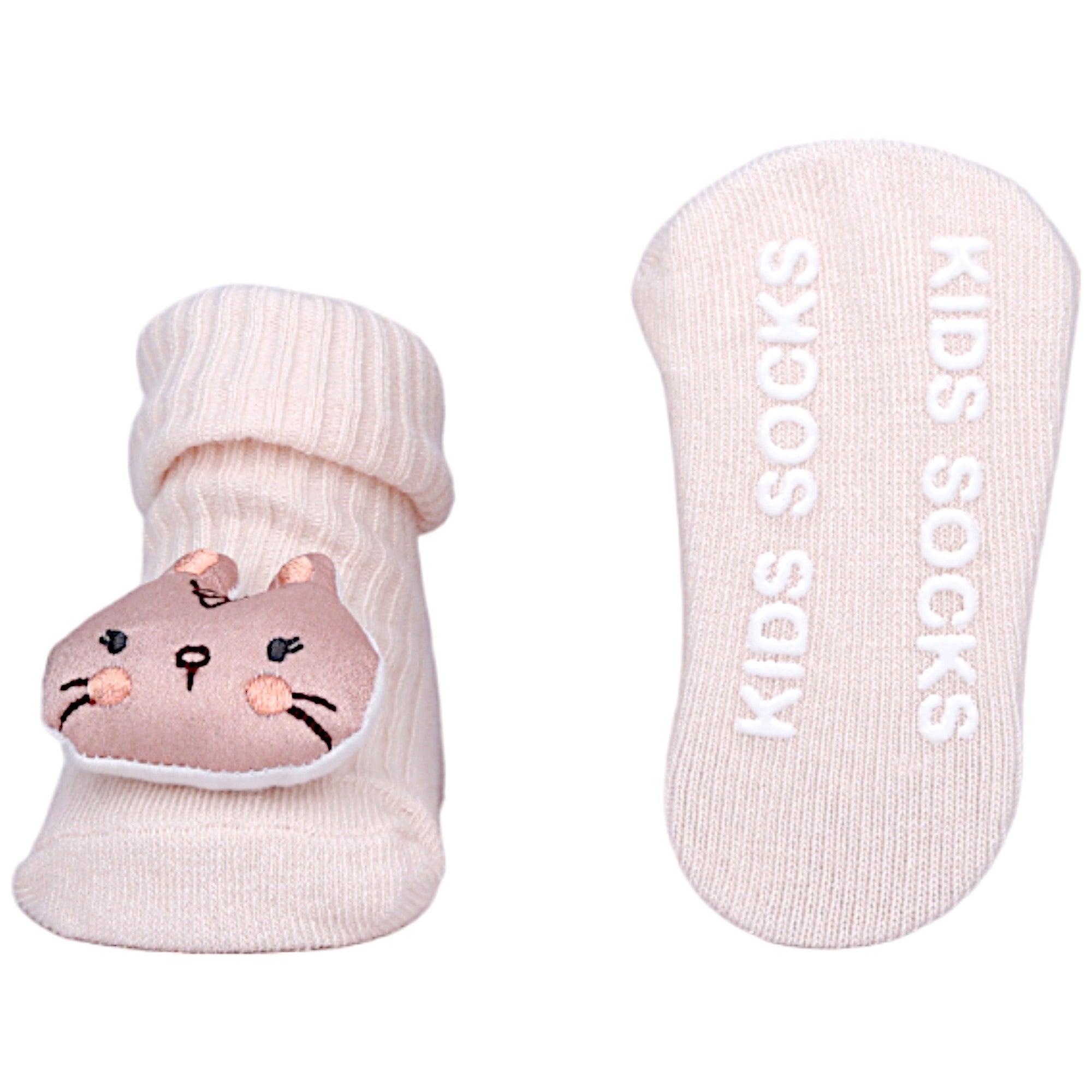 Baby Moo Bunny Fox Bear 3D Rattle Anti-Skid Socks Booties Pack of 3 - Mauve, Mustard