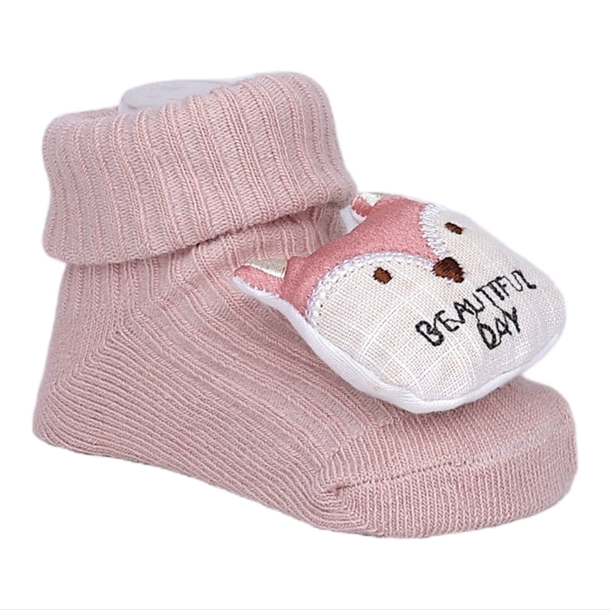 Baby Moo Bunny And Fox 3D Rattle Anti-Skid Socks Booties Pack of 2 - Peach, Rose Gold