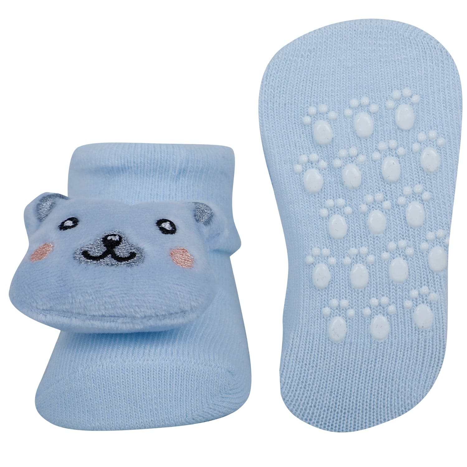 Baby Moo Teddy And Fox 3D Rattle Anti-Skid Socks Booties Pack of 2 - Blue, Rose Gold