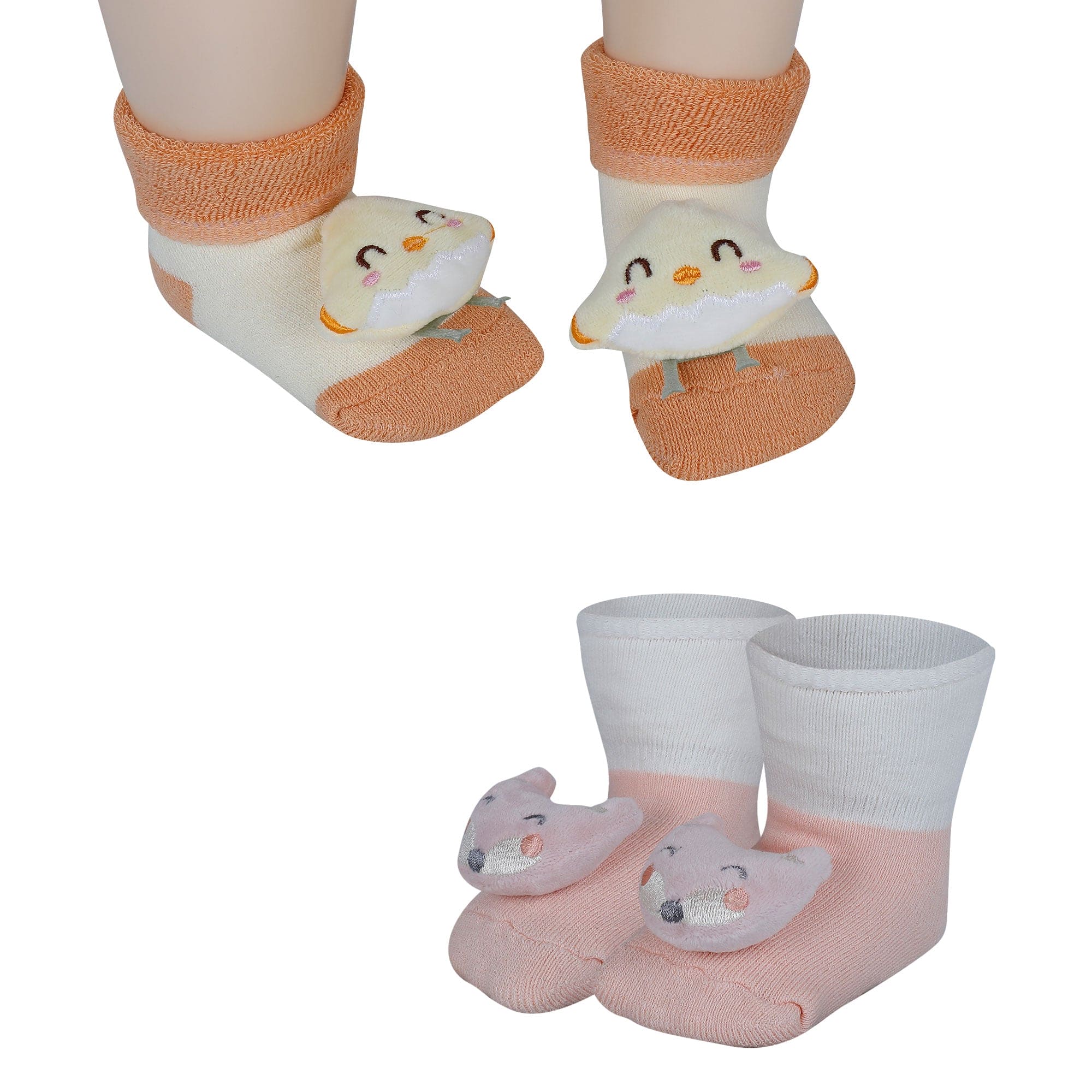 Baby Moo Little Chick 3D Rattle Anti-Skid Socks Booties Pack of 2 - Orange, Peach