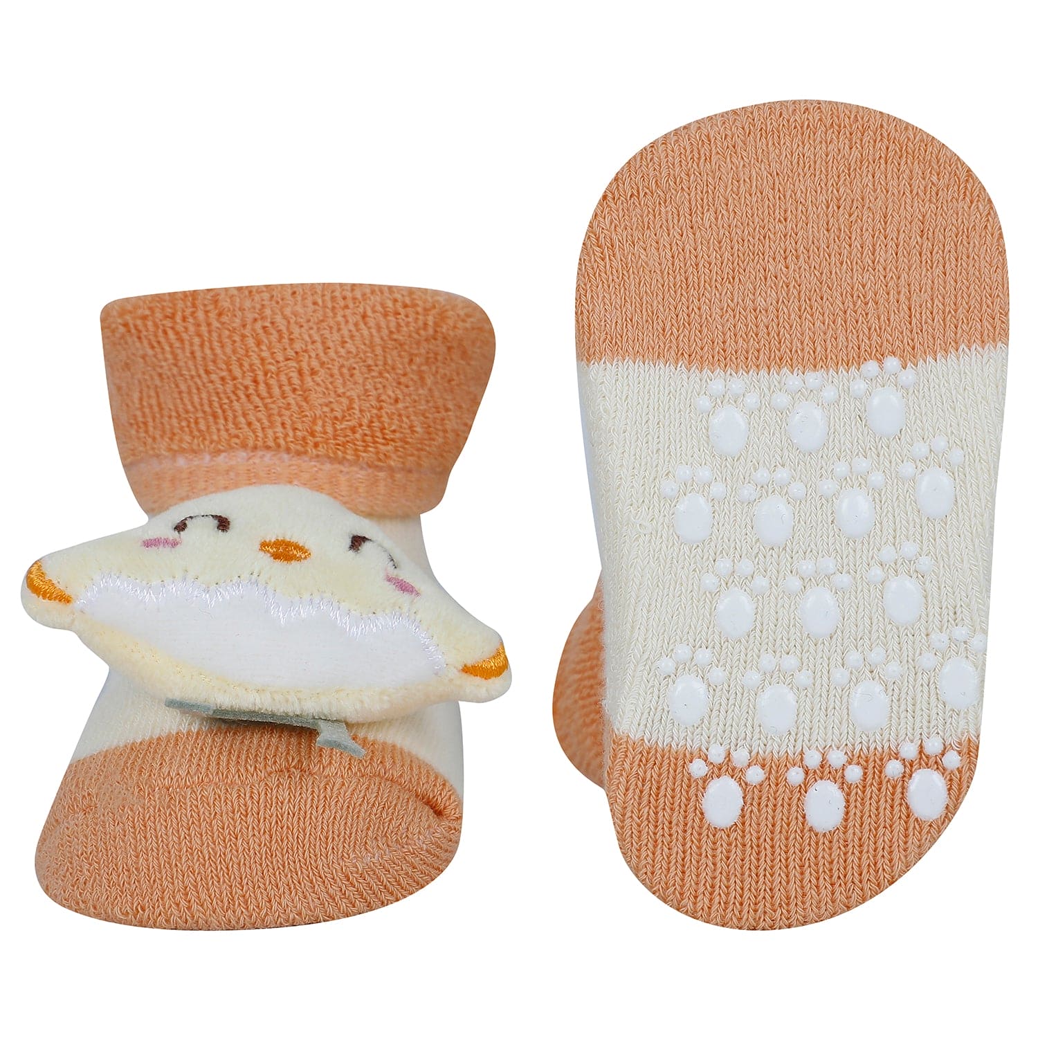 Baby Moo Little Chick 3D Rattle Anti-Skid Socks Booties Pack of 2 - Orange, Peach