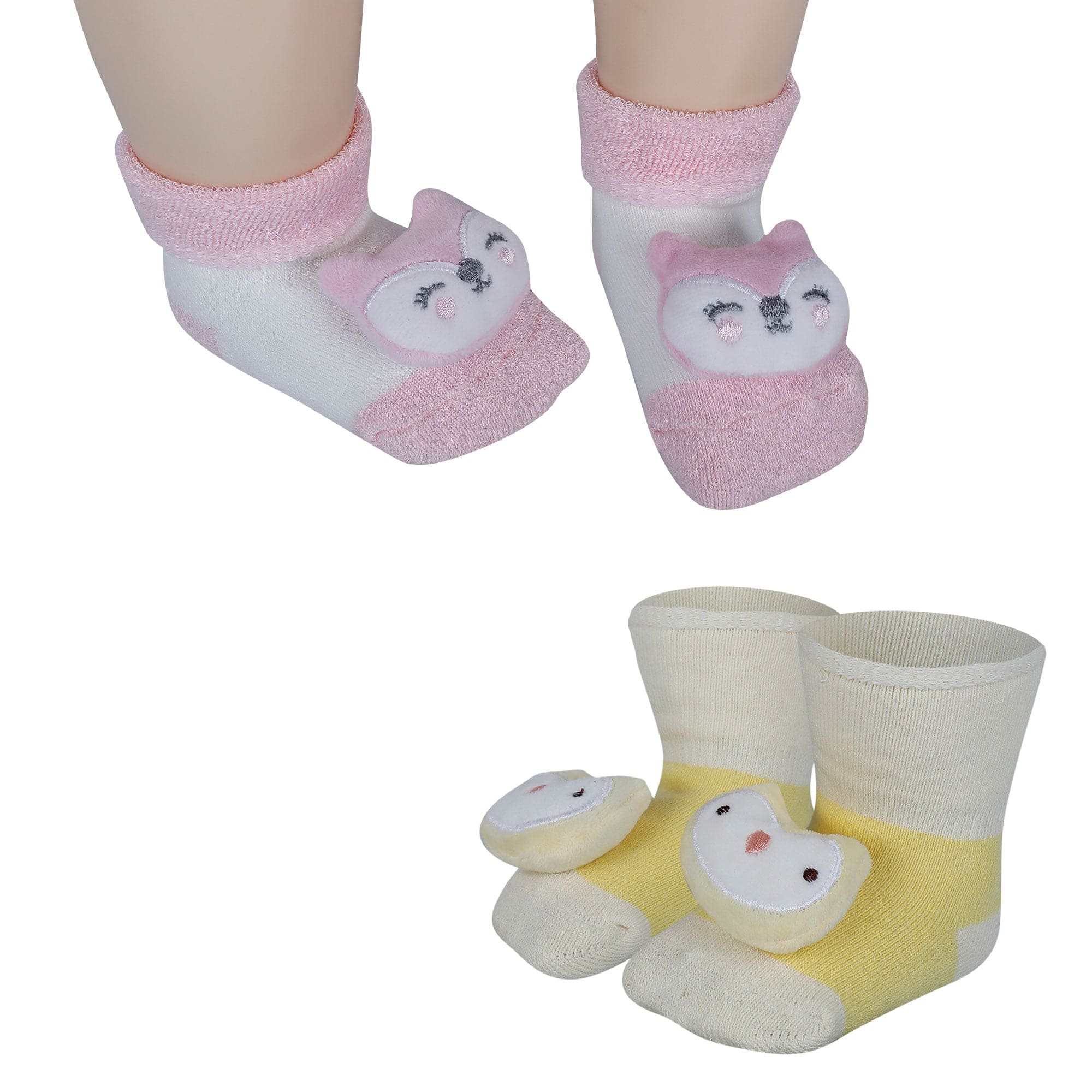 Baby Moo Owl 3D Rattle Anti-Skid Socks Booties Pack of 2 - Yellow, Pink