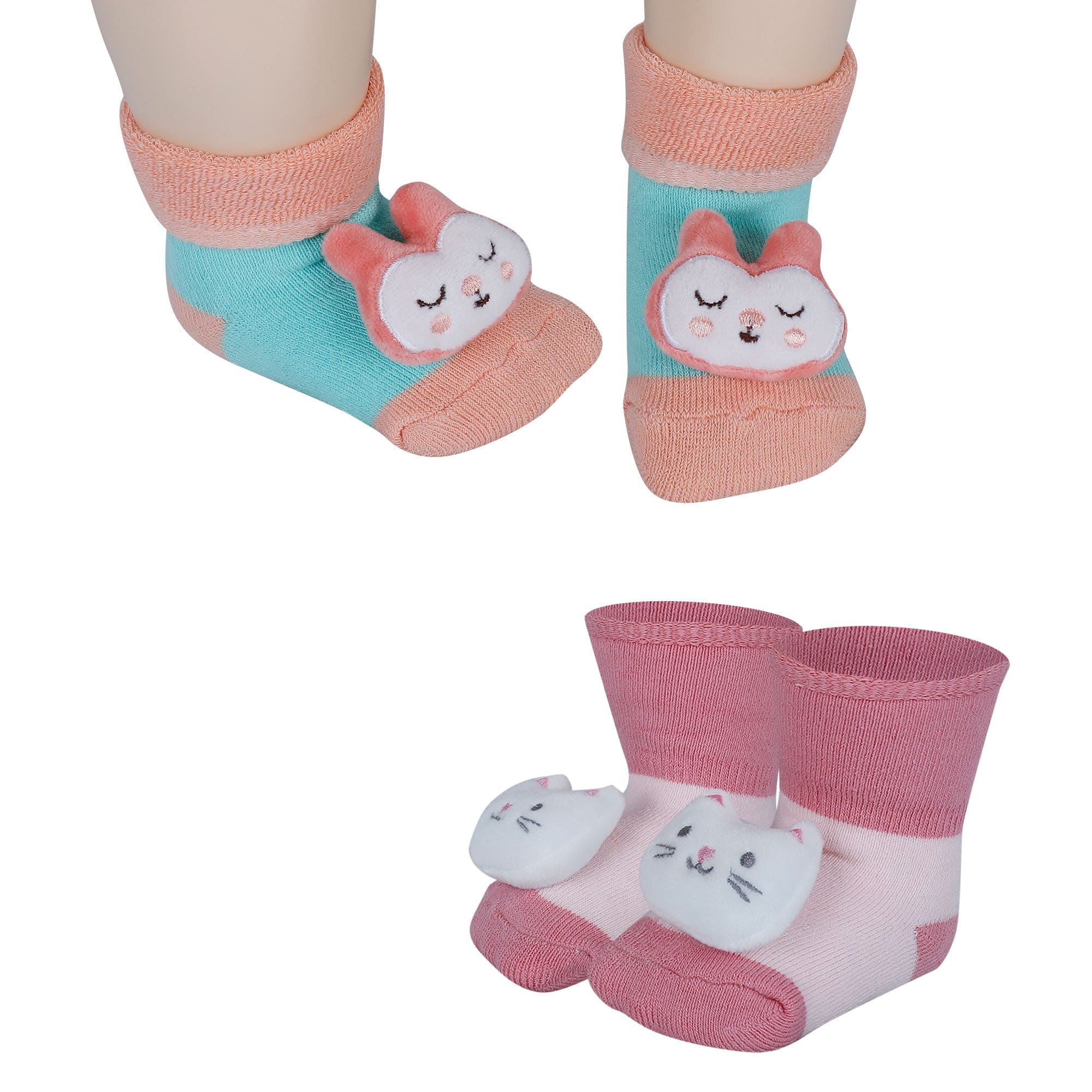 Baby Moo Kitty And Rabbit 3D Rattle Anti-Skid Socks Booties Pack of 2 - Pink, Orange