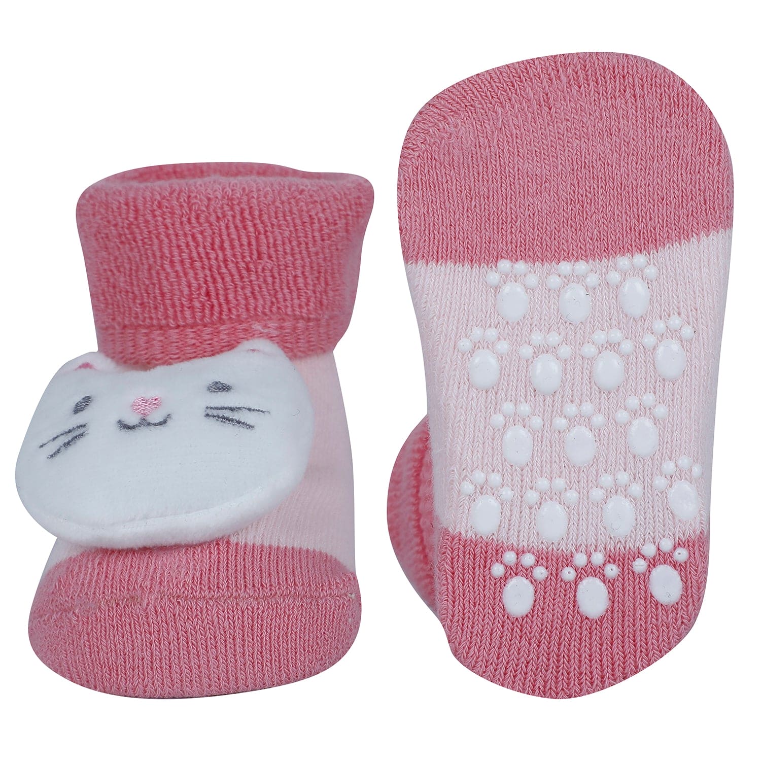 Baby Moo Kitty And Rabbit 3D Rattle Anti-Skid Socks Booties Pack of 2 - Pink, Orange