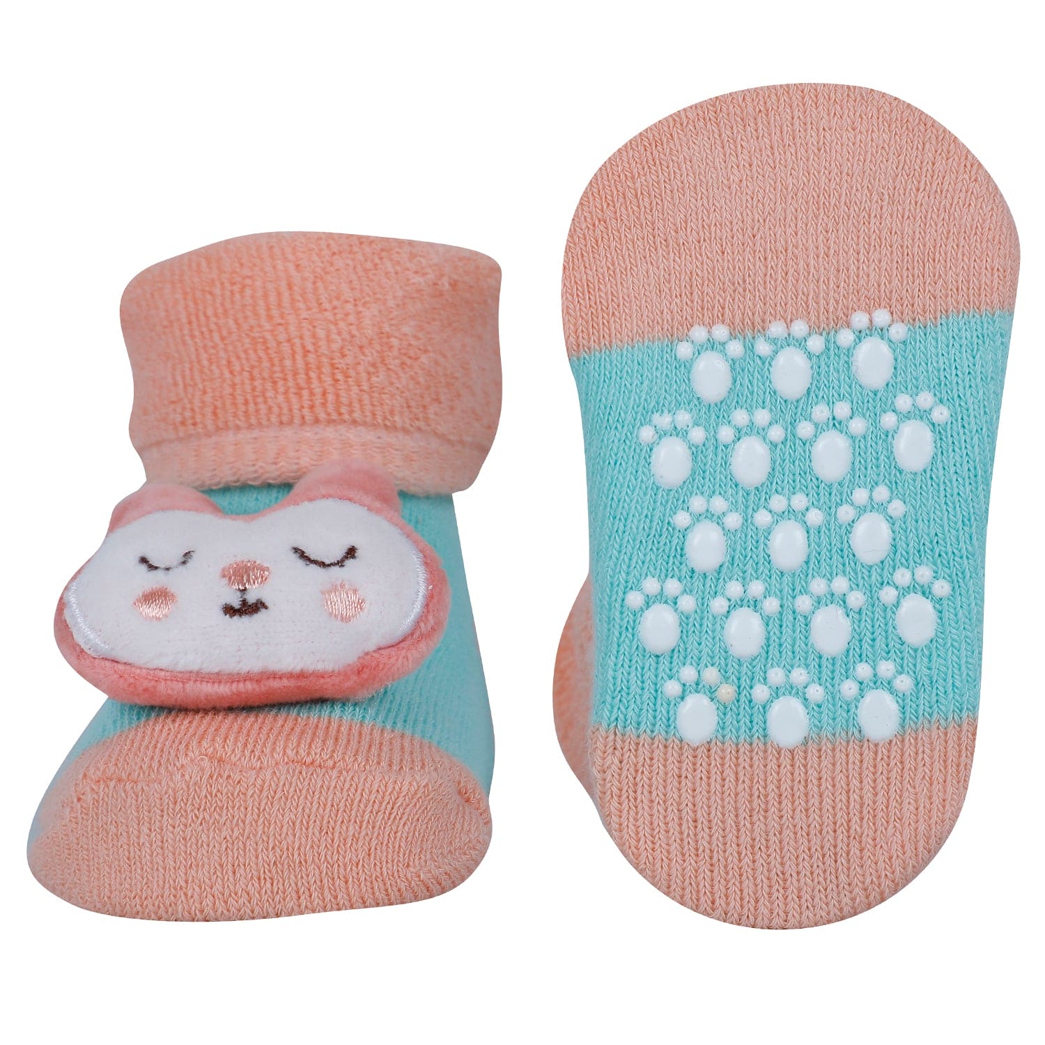 Baby Moo Kitty And Rabbit 3D Rattle Anti-Skid Socks Booties Pack of 2 - Pink, Orange