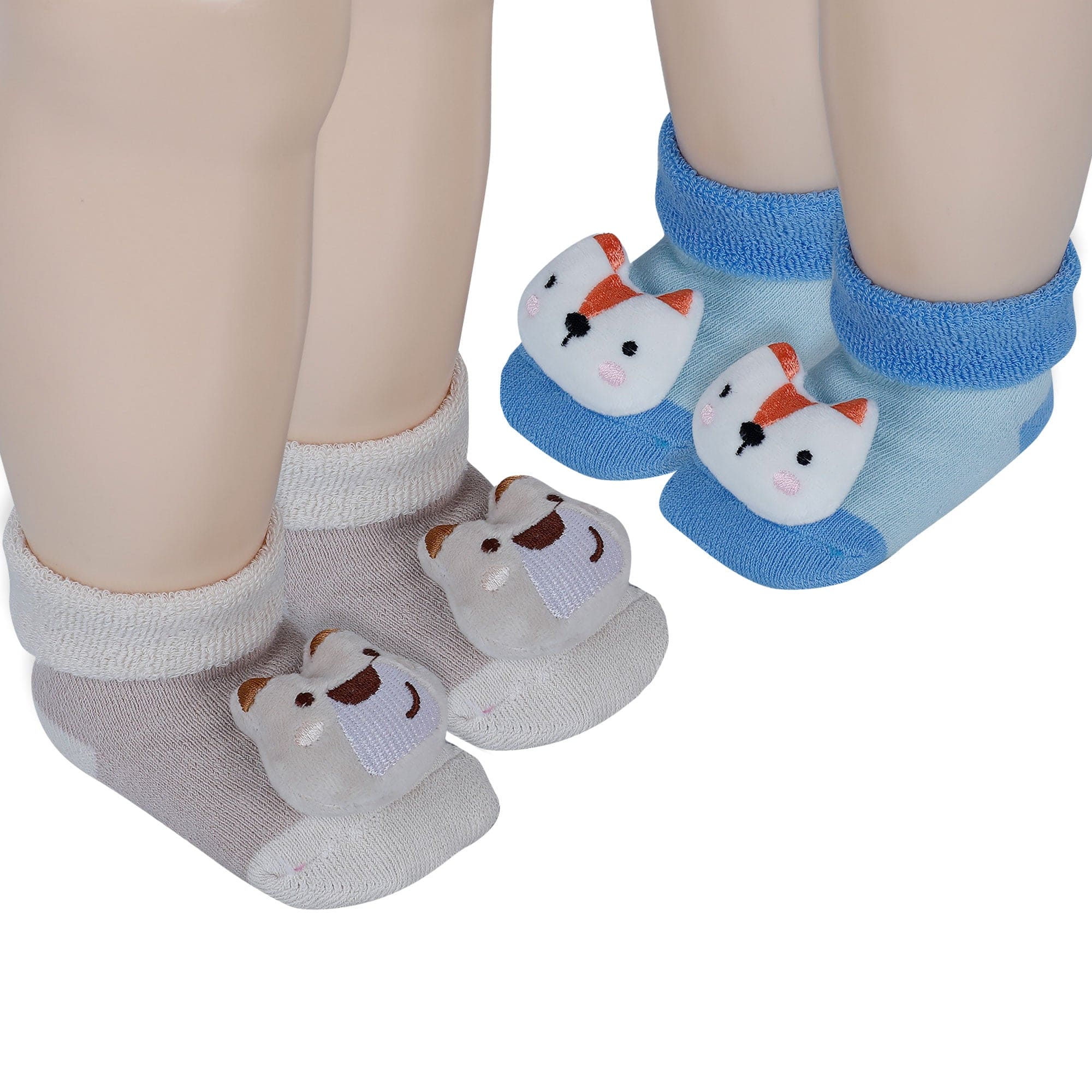 Baby Moo Fox 3D Rattle Anti-Skid Socks Booties Pack of 2 - Beige, Blue