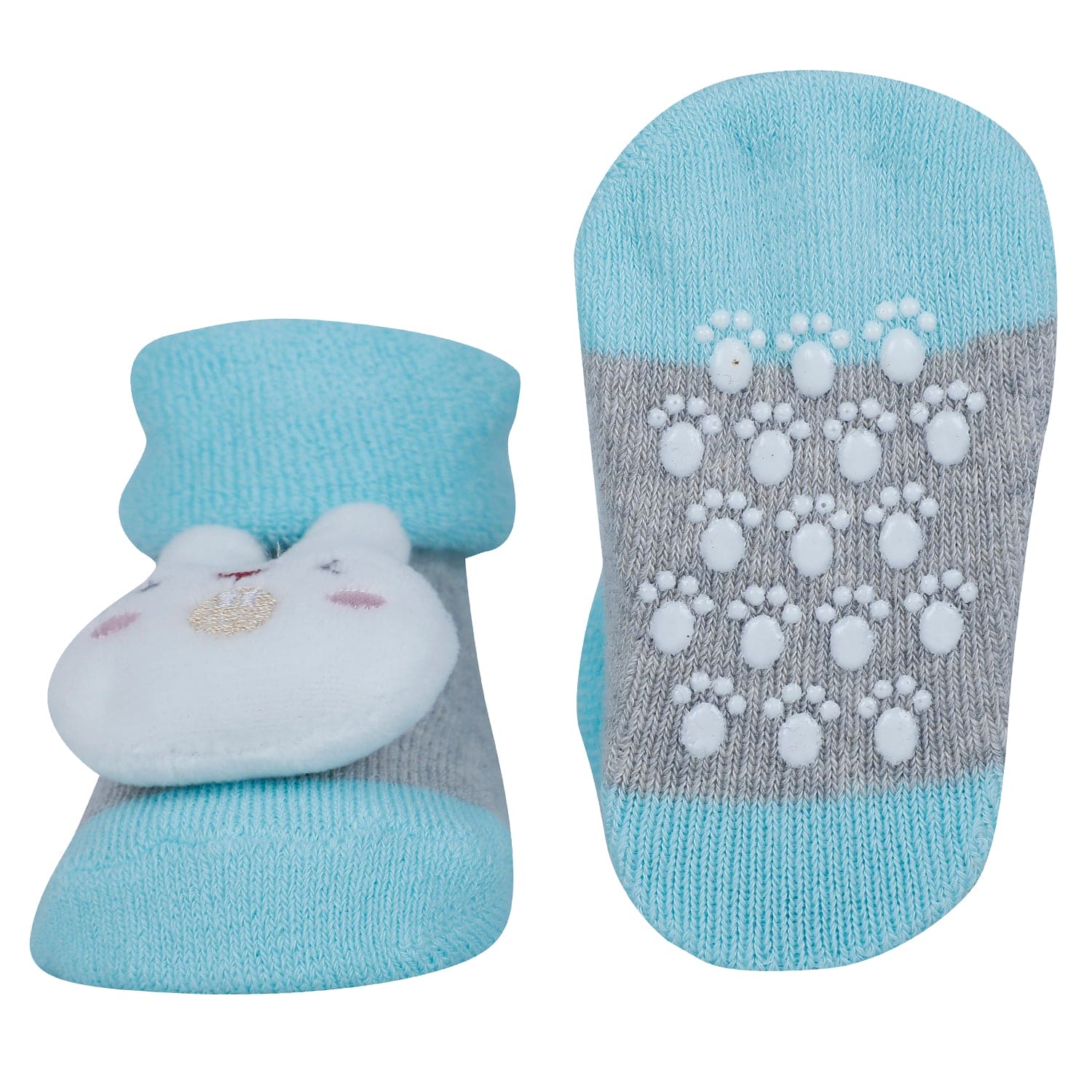 Baby Moo Bunny And Cow 3D Rattle Anti-Skid Socks Booties Pack of 2 - Green, Grey