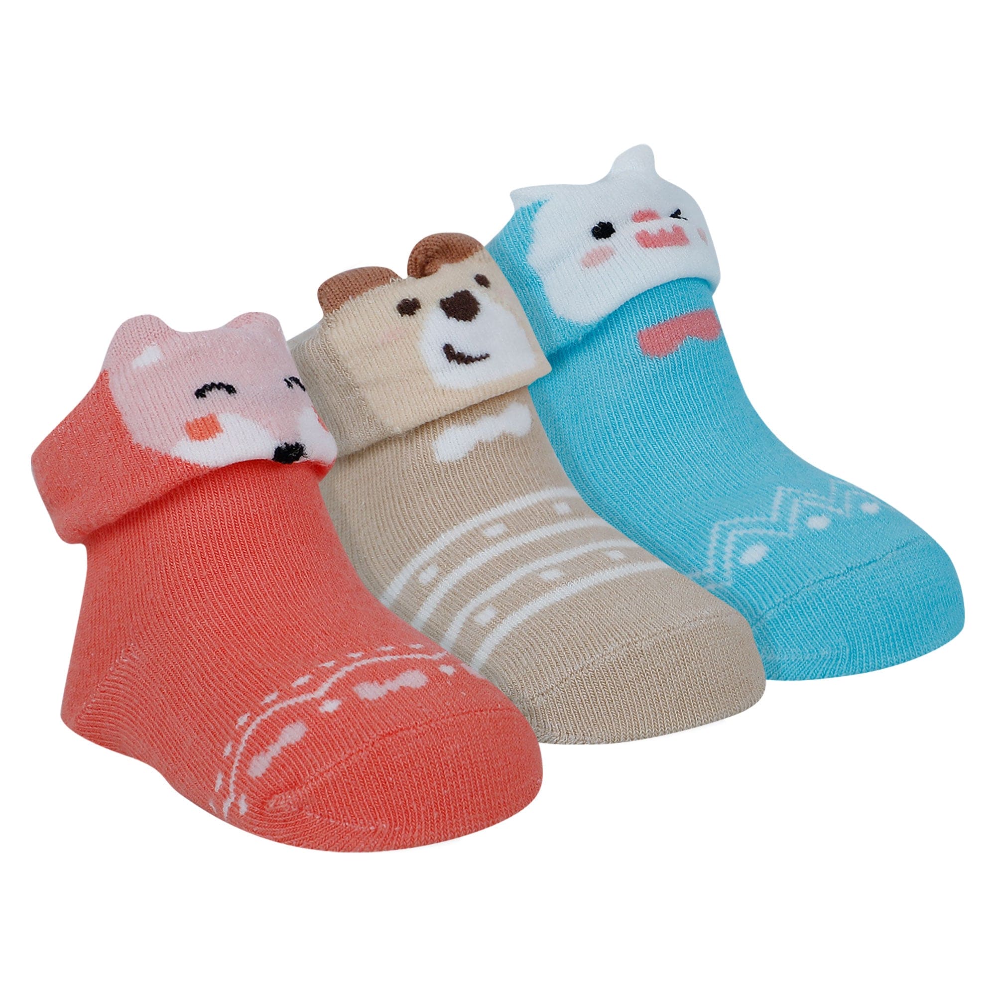 Baby Moo Fox Puppy 3D Anti-Skid Socks Booties Pack of 3 - Red, Blue