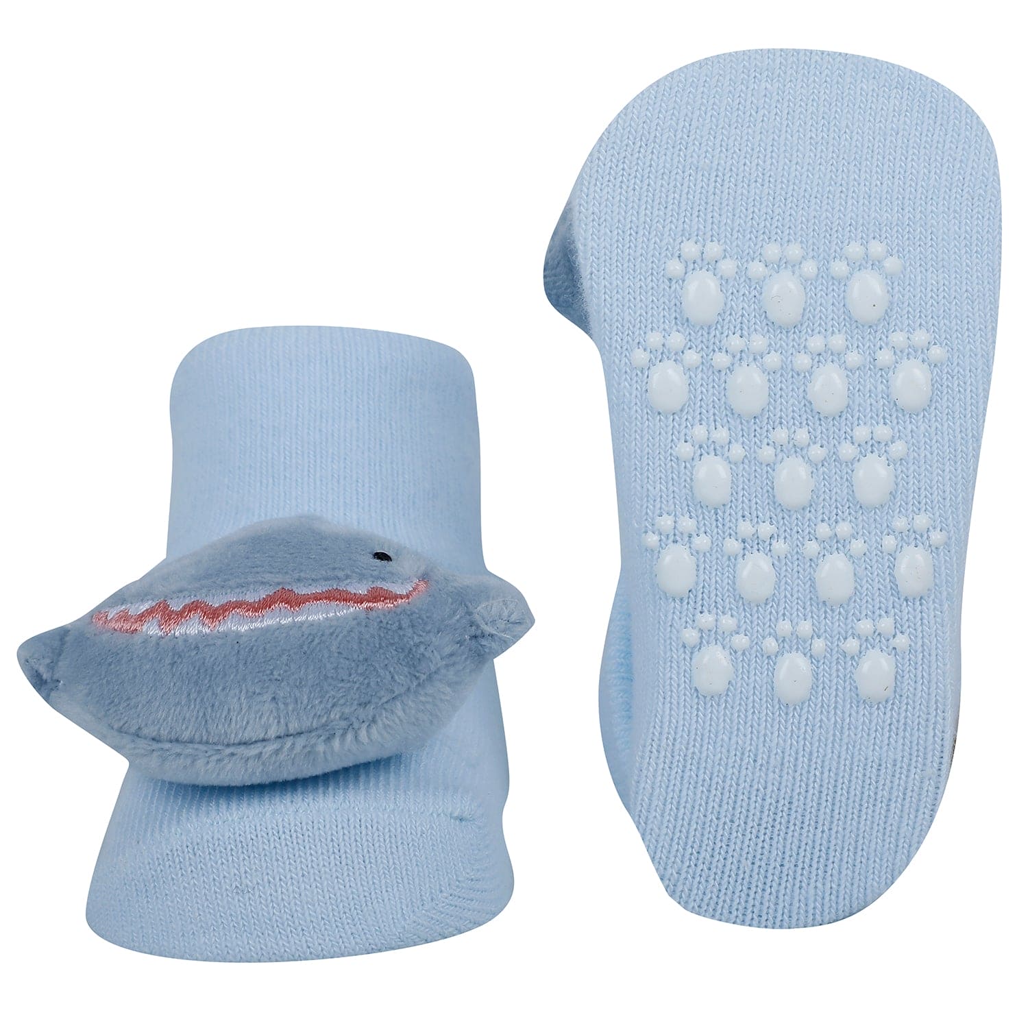 Baby Moo Shark And Panda 3D Rattle Anti-Skid Socks Booties Pack of 2 - Blue, Beige