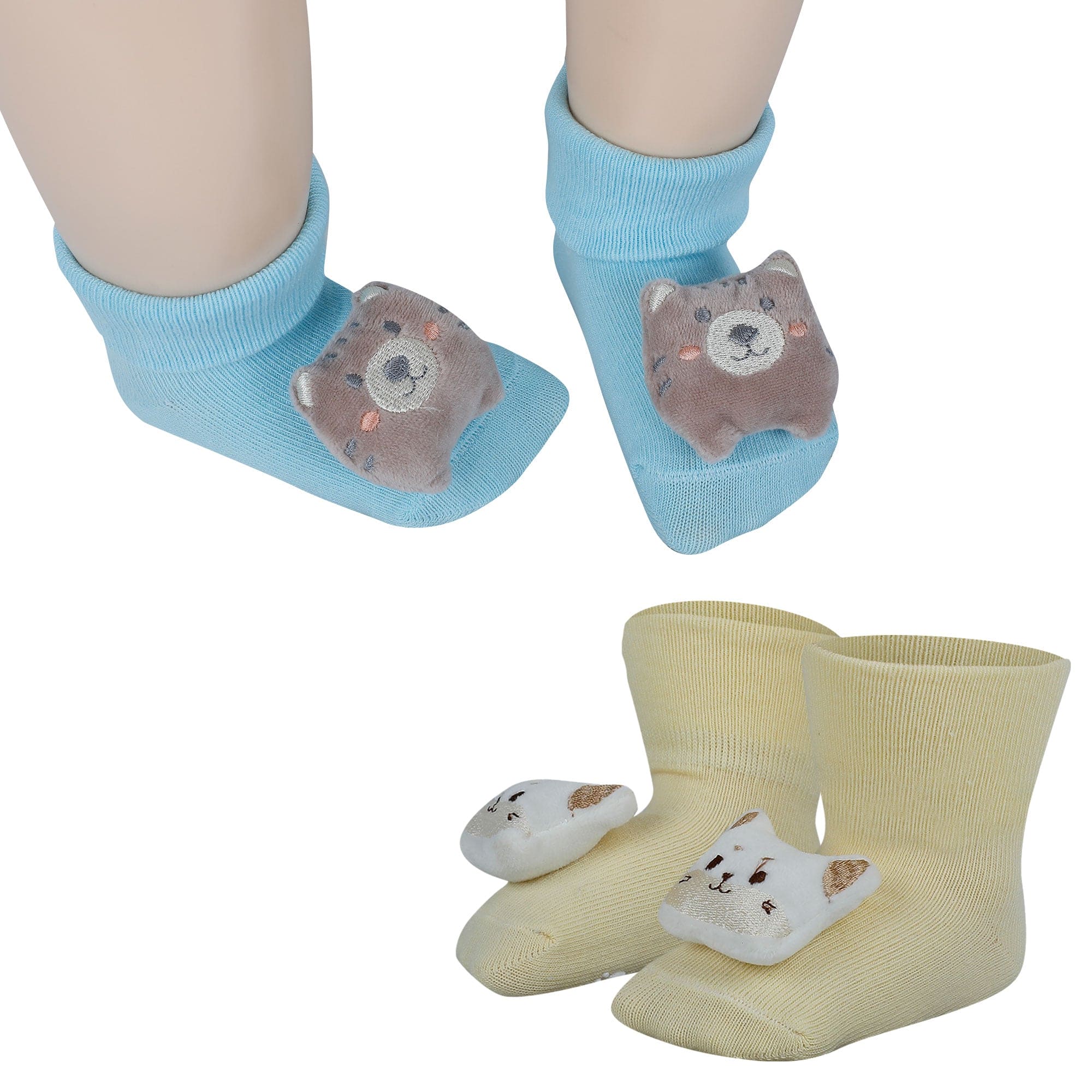 Baby Moo Cat And Bear 3D Rattle Anti-Skid Socks Booties Pack of 2 - Yellow, Blue