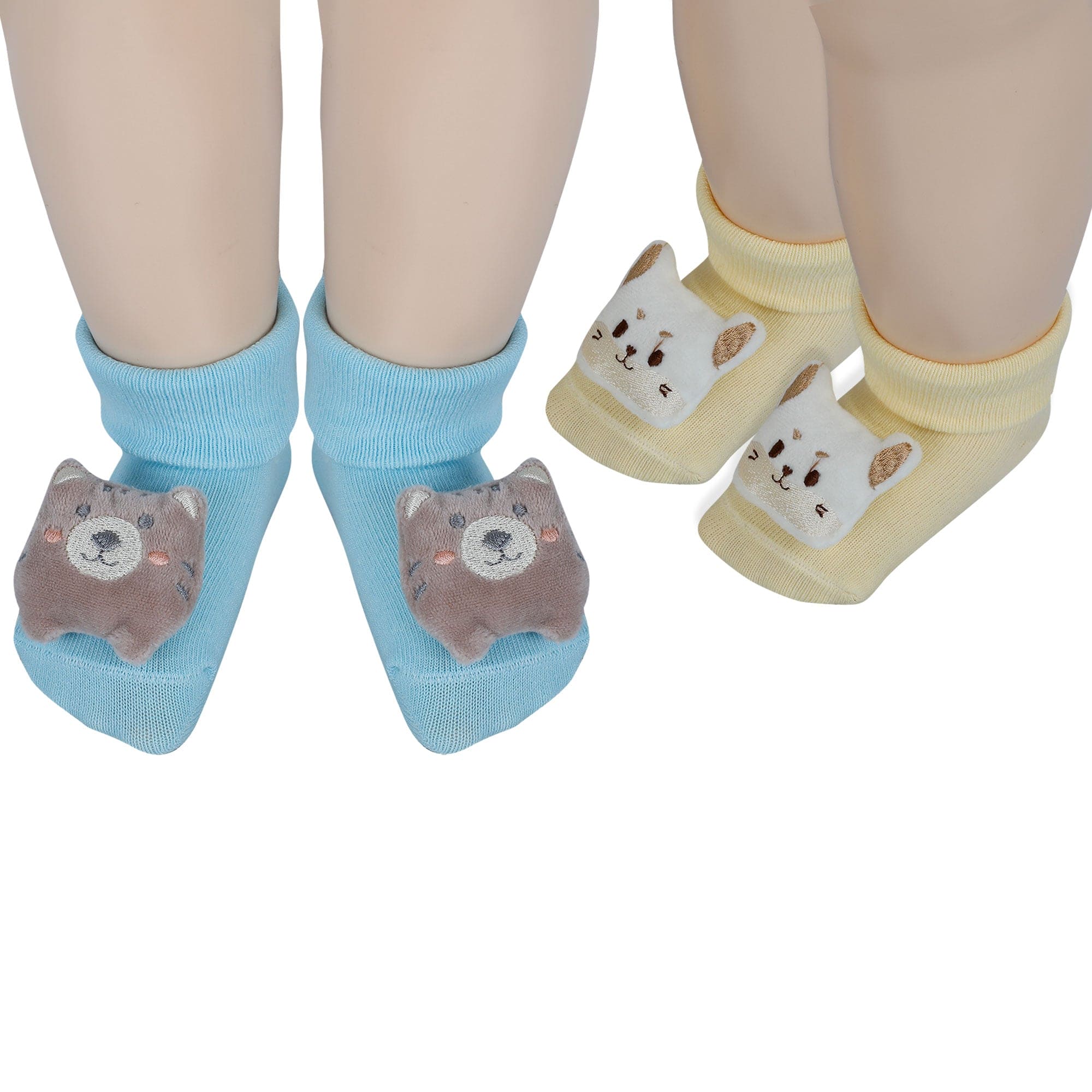 Baby Moo Cat And Bear 3D Rattle Anti-Skid Socks Booties Pack of 2 - Yellow, Blue