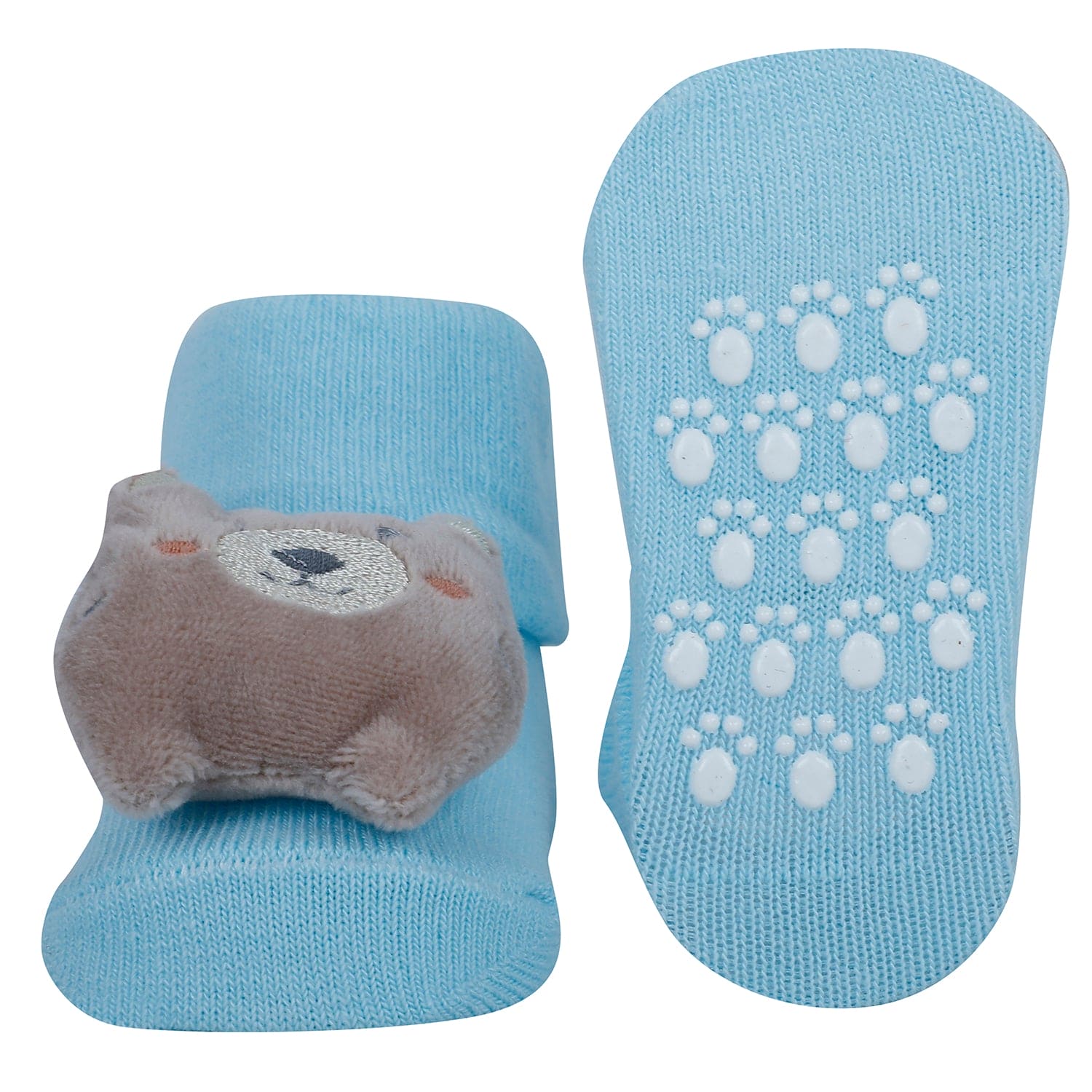 Baby Moo Cat And Bear 3D Rattle Anti-Skid Socks Booties Pack of 2 - Yellow, Blue