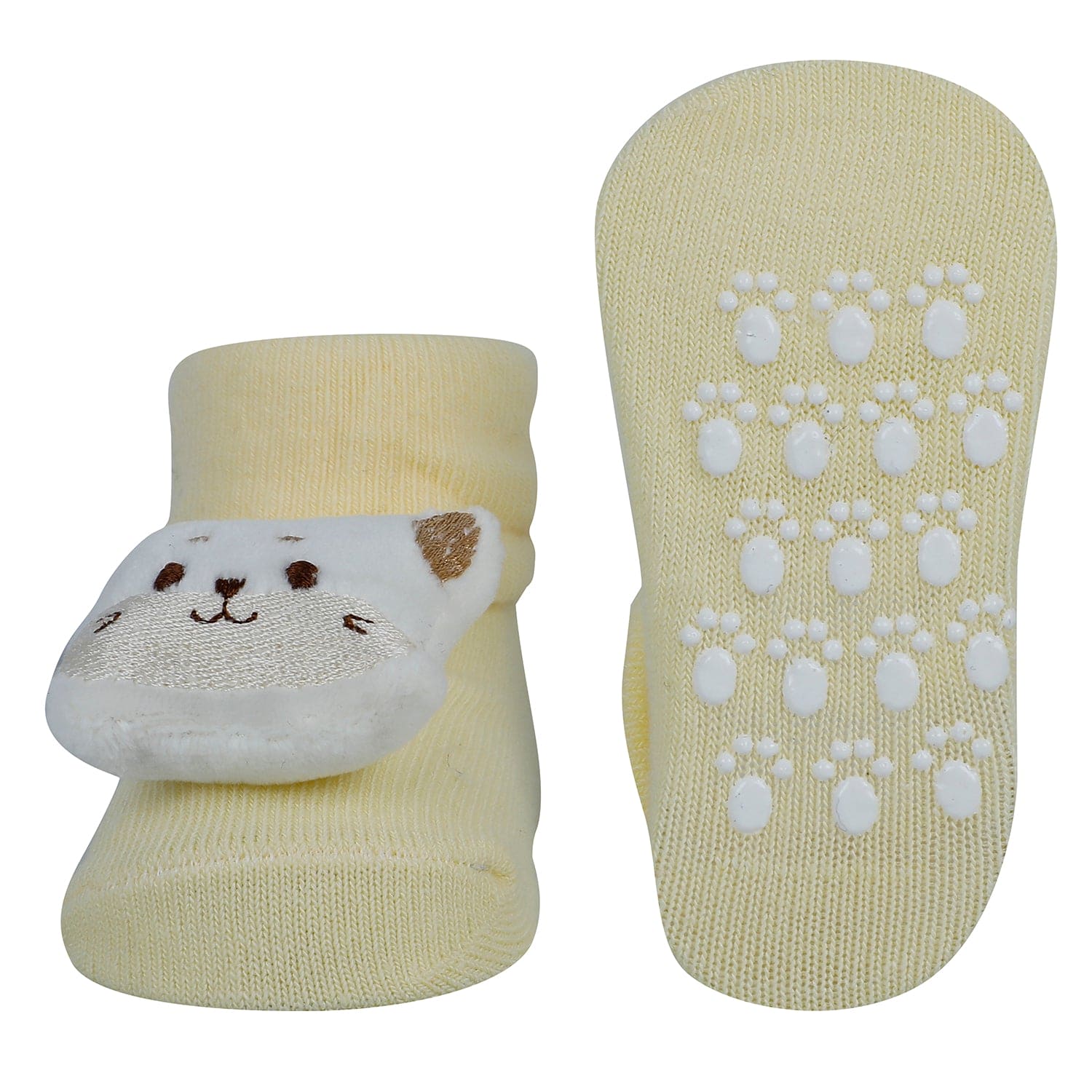 Baby Moo Cat And Bear 3D Rattle Anti-Skid Socks Booties Pack of 2 - Yellow, Blue