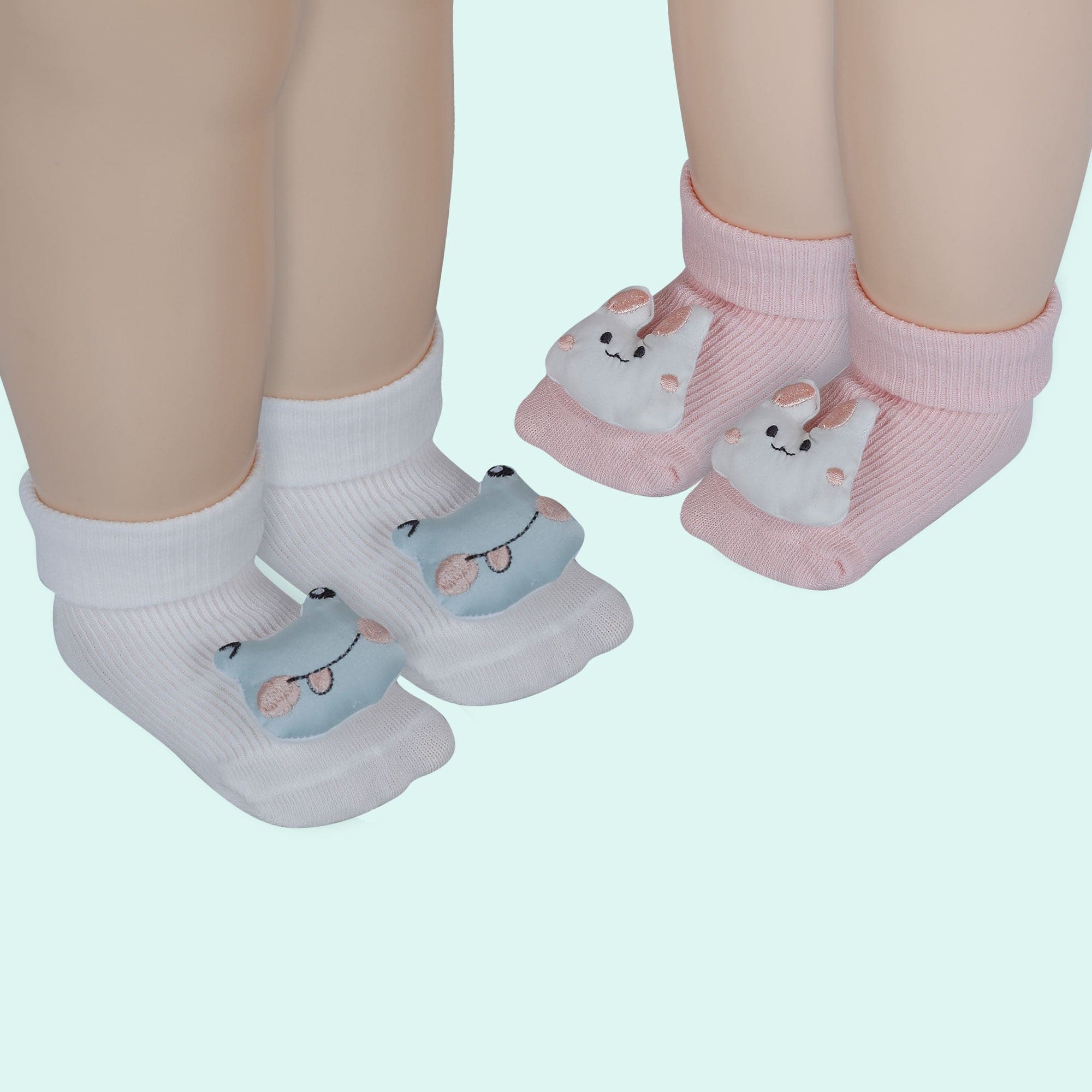 Baby Moo Frog And Rabbit 3D Rattle Anti-Skid Socks Booties Pack of 2 - White, Pink