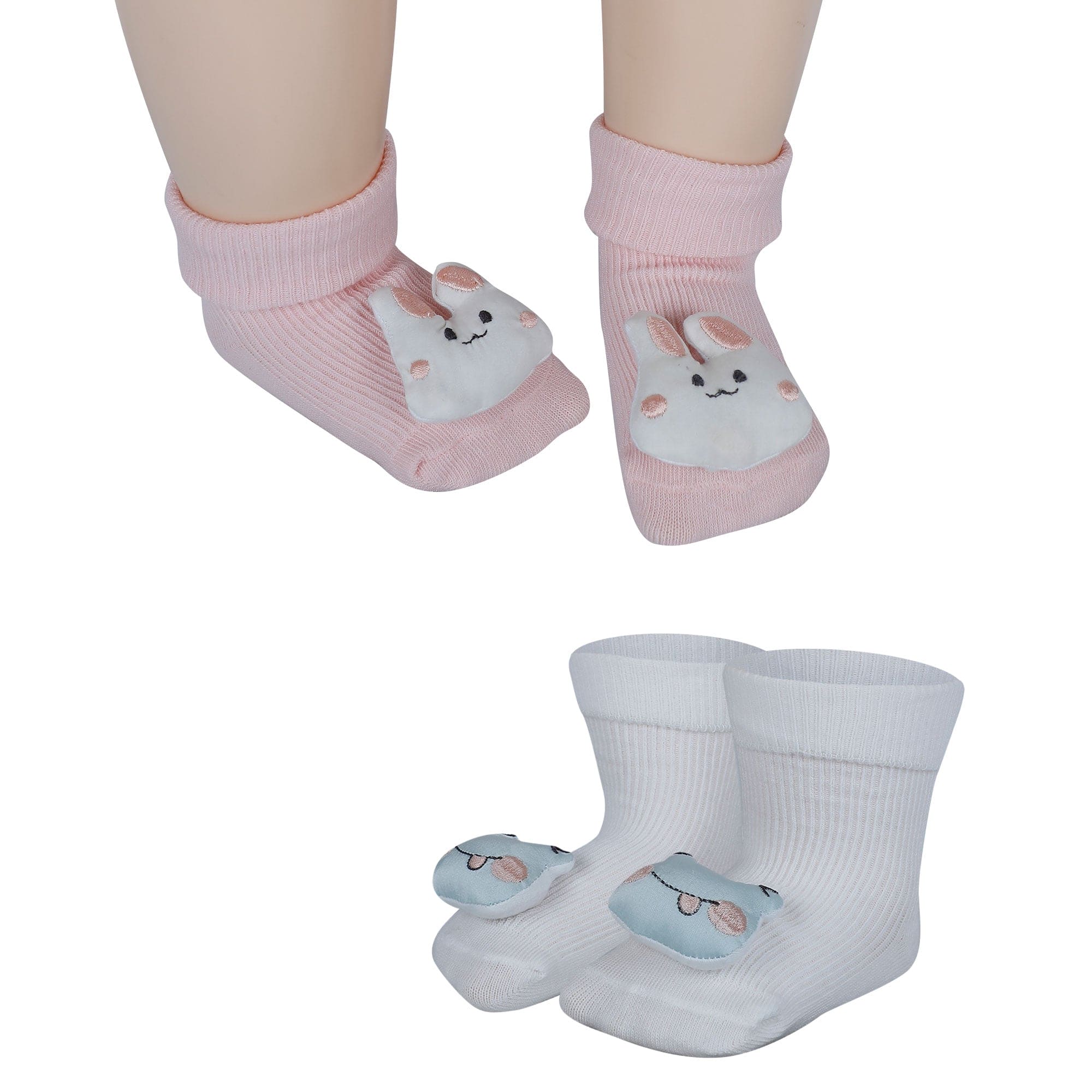 Baby Moo Frog And Rabbit 3D Rattle Anti-Skid Socks Booties Pack of 2 - White, Pink