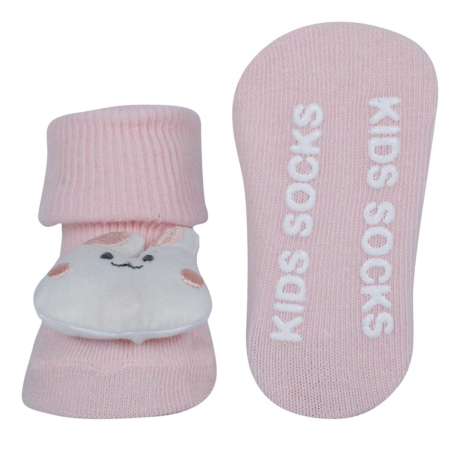 Baby Moo Frog And Rabbit 3D Rattle Anti-Skid Socks Booties Pack of 2 - White, Pink