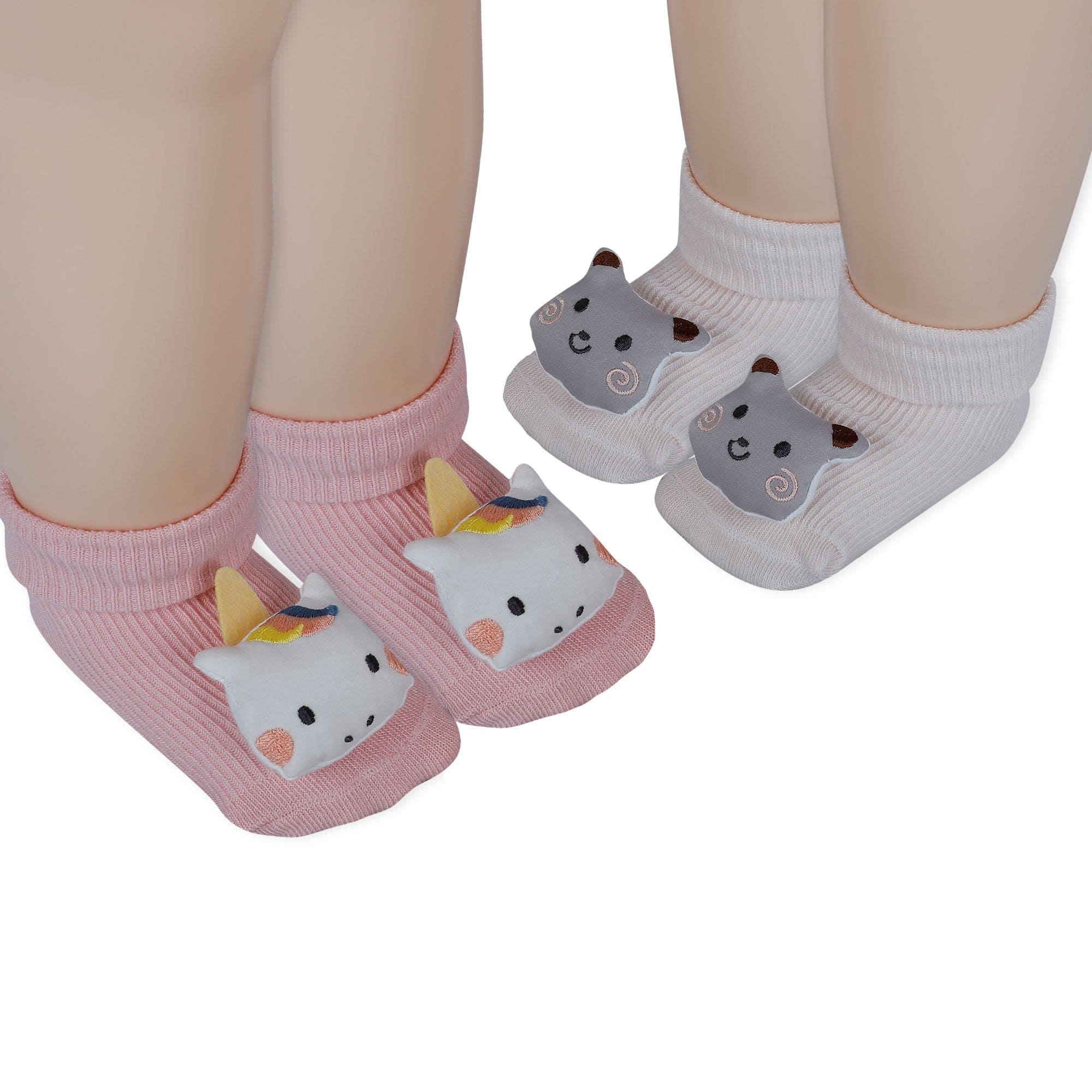 Baby Moo Unicorn 3D Rattle Anti-Skid Socks Booties Pack of 2 - Pink, Peach