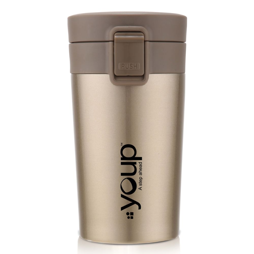 Youp Thermosteel Insulated Metallic Gold Color Coffee Mug With Press To Open Cap Yp351 - 350 Ml