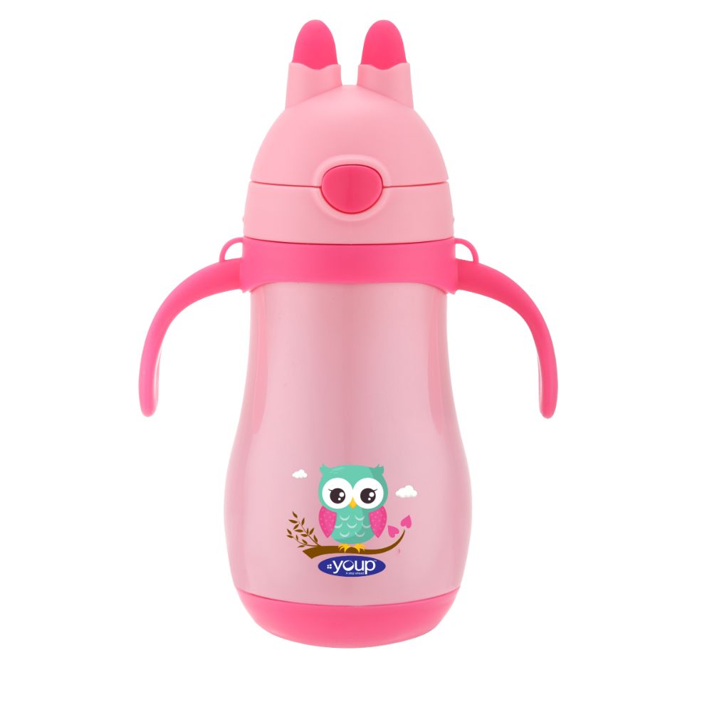 Youp Stainless Steel Insulated Pink Color Kids Sipper Bottle With Handle Wiggly - 350 Ml