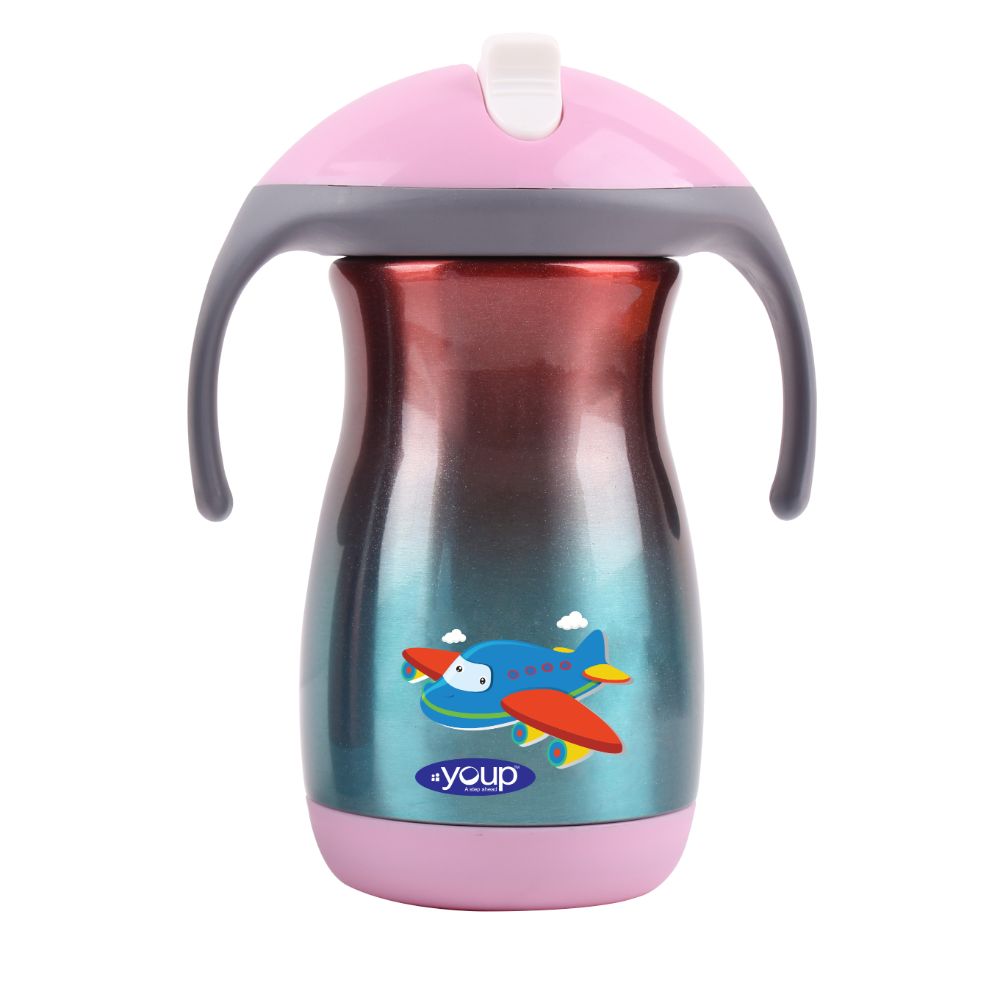 Youp Thermosteel Insulated Rainbow Pink Color Kids Sipper Bottle With Handle Franc - 350 Ml - Airplane