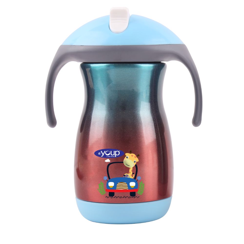 Youp Thermosteel Insulated Rainbow Blue Color Kids Sipper Bottle With Handle Franc - 350 ml -  Giraffe