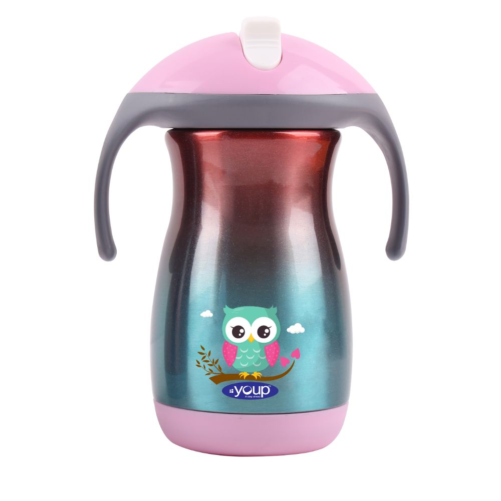 Youp Thermosteel Insulated Rainbow Pink Color Kids Sipper Bottle With Handle Franc - 350 ml- Owl