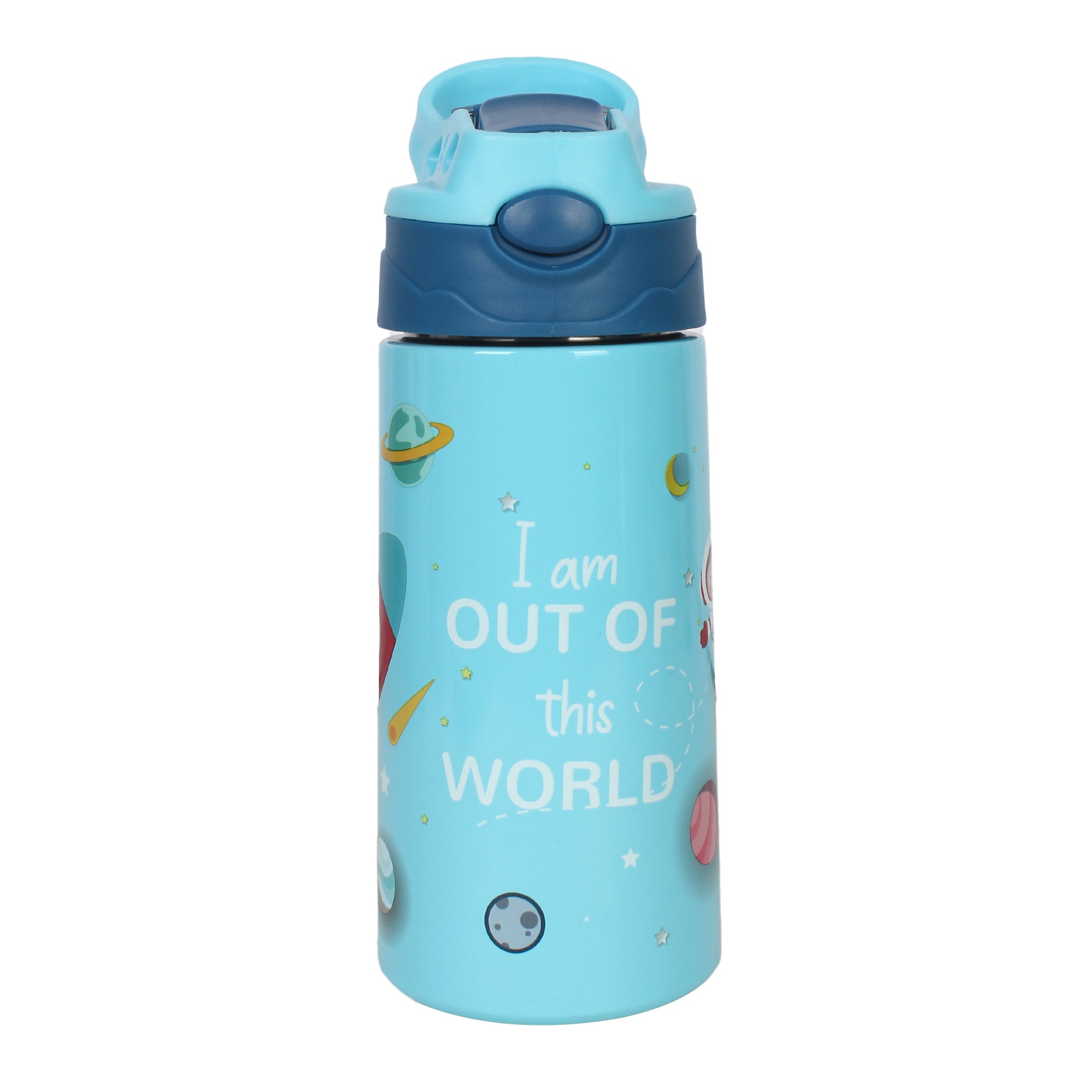 Youp Stainless Steel Insulated Blue Color Space Theme Kids Anti-Dust Sipper Bottle Tinkler - 400 Ml