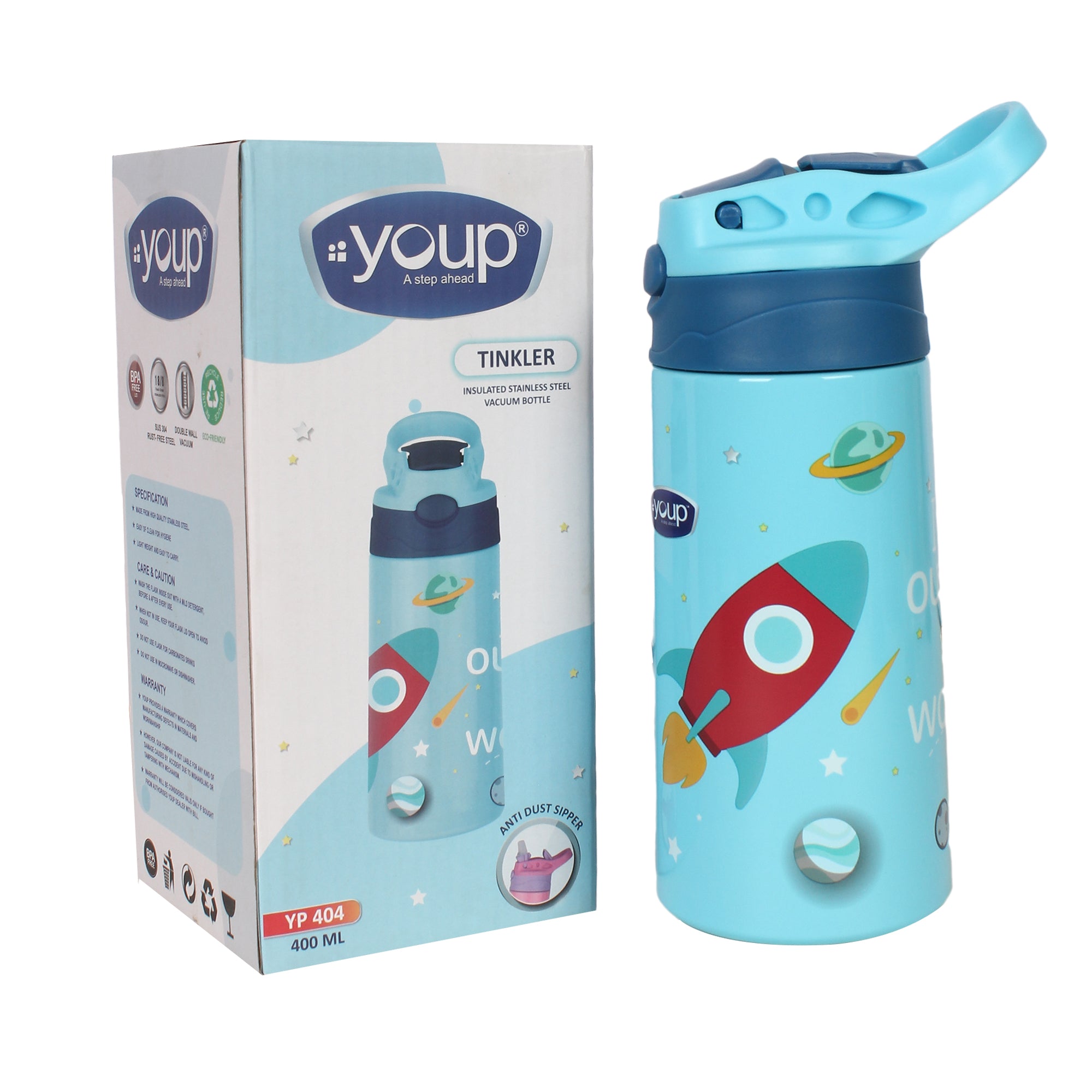 Youp Stainless Steel Insulated Blue Color Space Theme Kids Anti-Dust Sipper Bottle Tinkler - 400 Ml