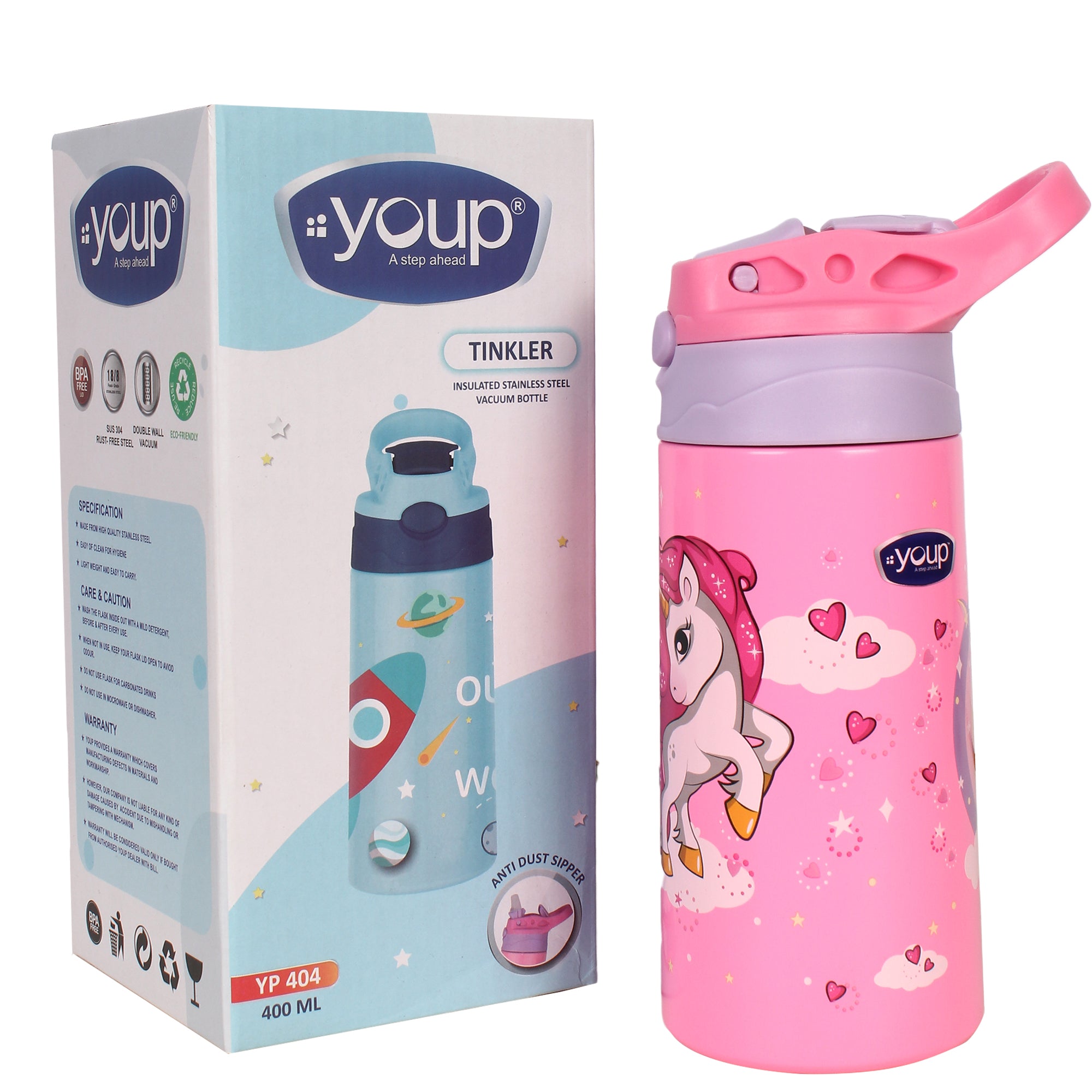 Youp Stainless Steel Insulated Pink Color Unicorn Theme Kids Anti-Dust Sipper Bottle TINKLER - 400 ml