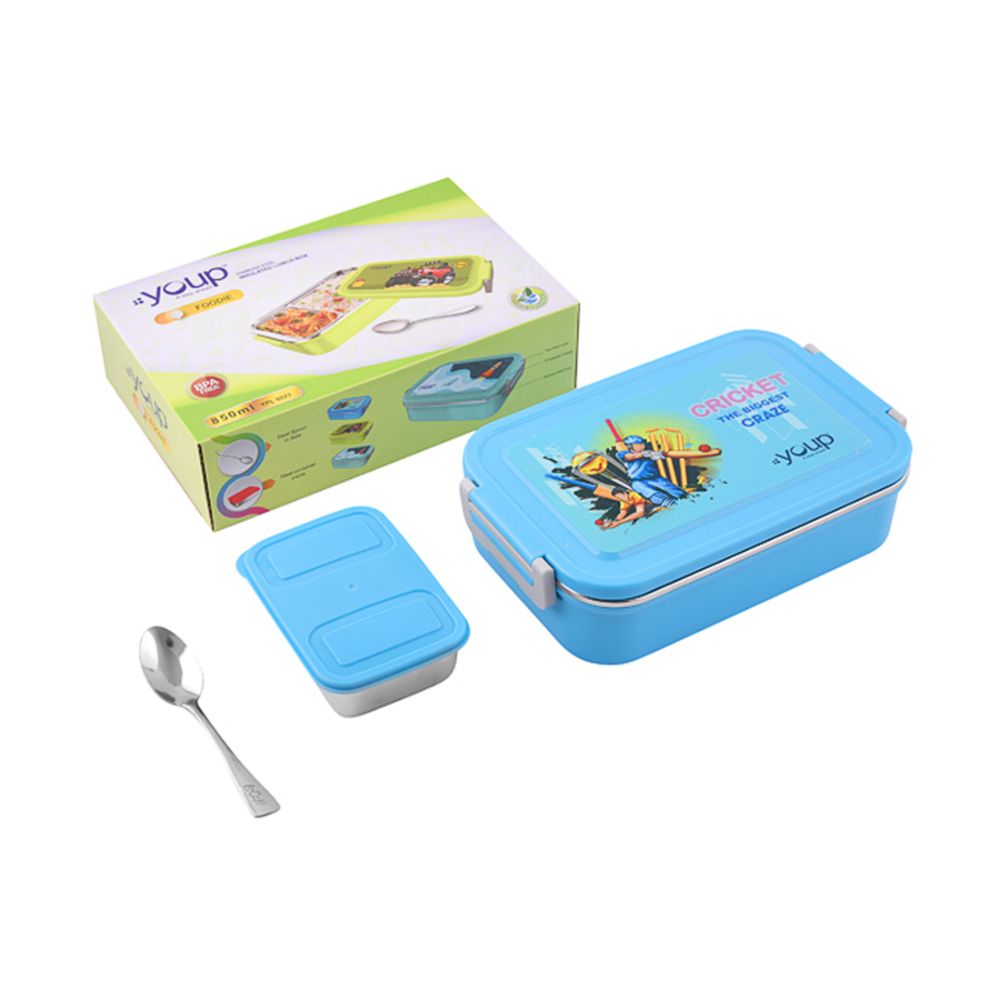 Youp Stainless Steel Blue Color Cricket Theme Kids Lunch Box Foodie - 850 Ml