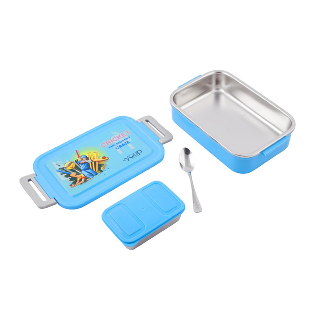 Youp Stainless Steel Blue Color Cricket Theme Kids Lunch Box Foodie - 850 Ml