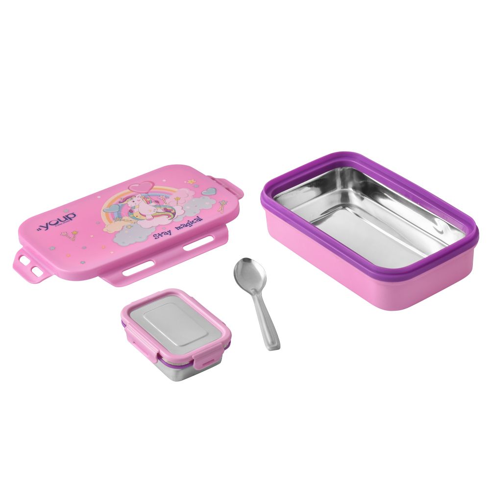 Youp Stainless Steel Pink Color Kids Lunch Box Interval - 500 Ml