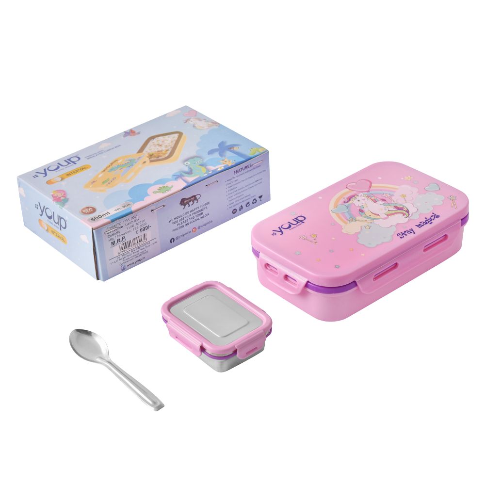 Youp Stainless Steel Pink Color Kids Lunch Box Interval - 500 Ml