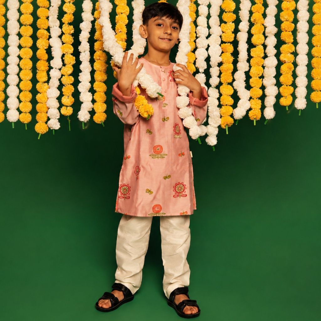 Chanderi Kurta Pyjama Set | Hand-Block Printed (Zardosi Booti Work)