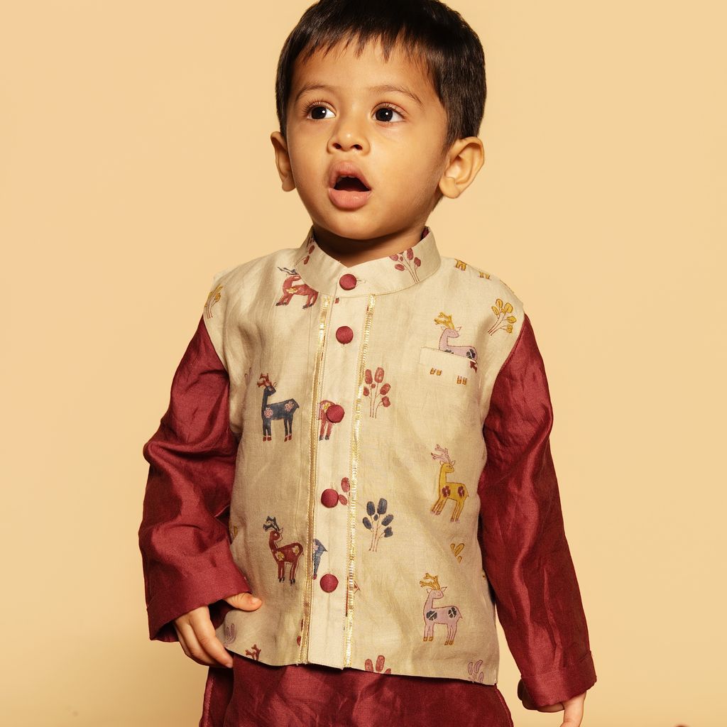 Chanderi Kurta Pyjama & Bandi Set | Hand-Block Printed (Gota Work)
