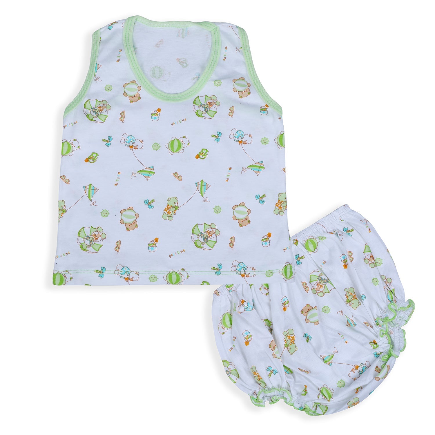 Baby Moo Kite Flying Bear Pure Cotton Sleeveless Vest With Matching Bottom 2pcs Set - Green - Baby Moo