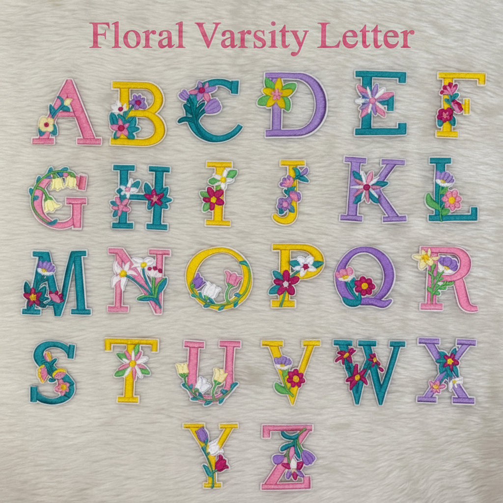 Colorful alphabet letters with floral designs on a textured background