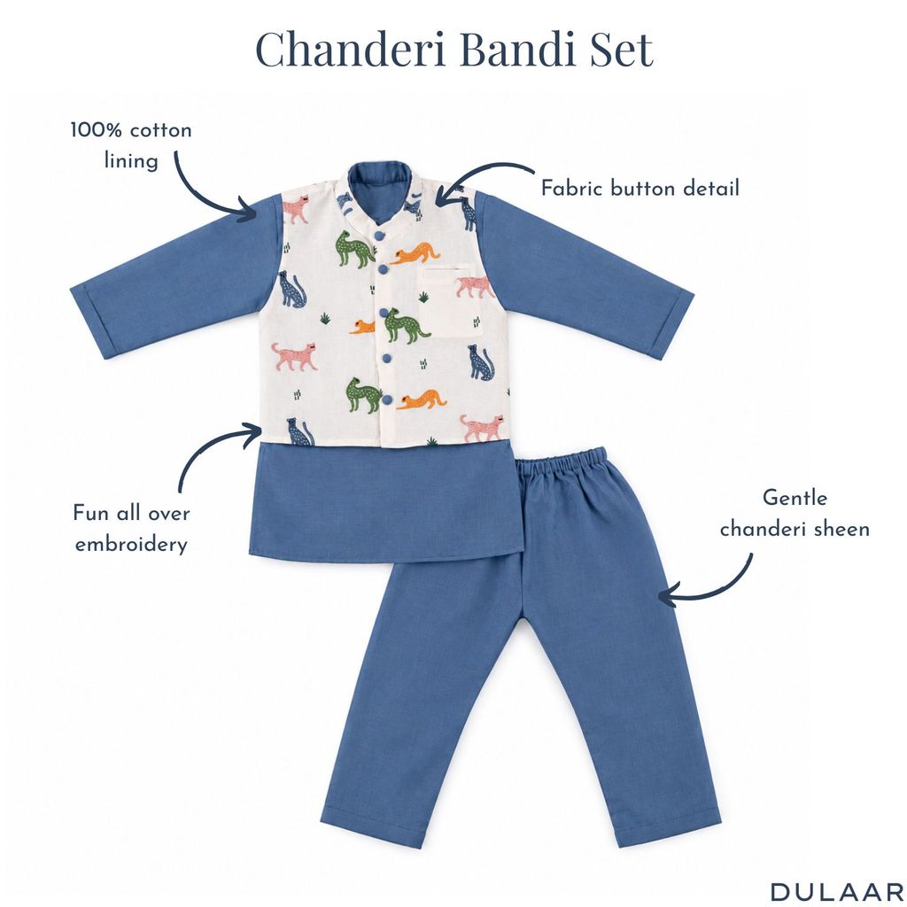 Chanderi Kurta Pyjama & Bandi Set | Embroidered