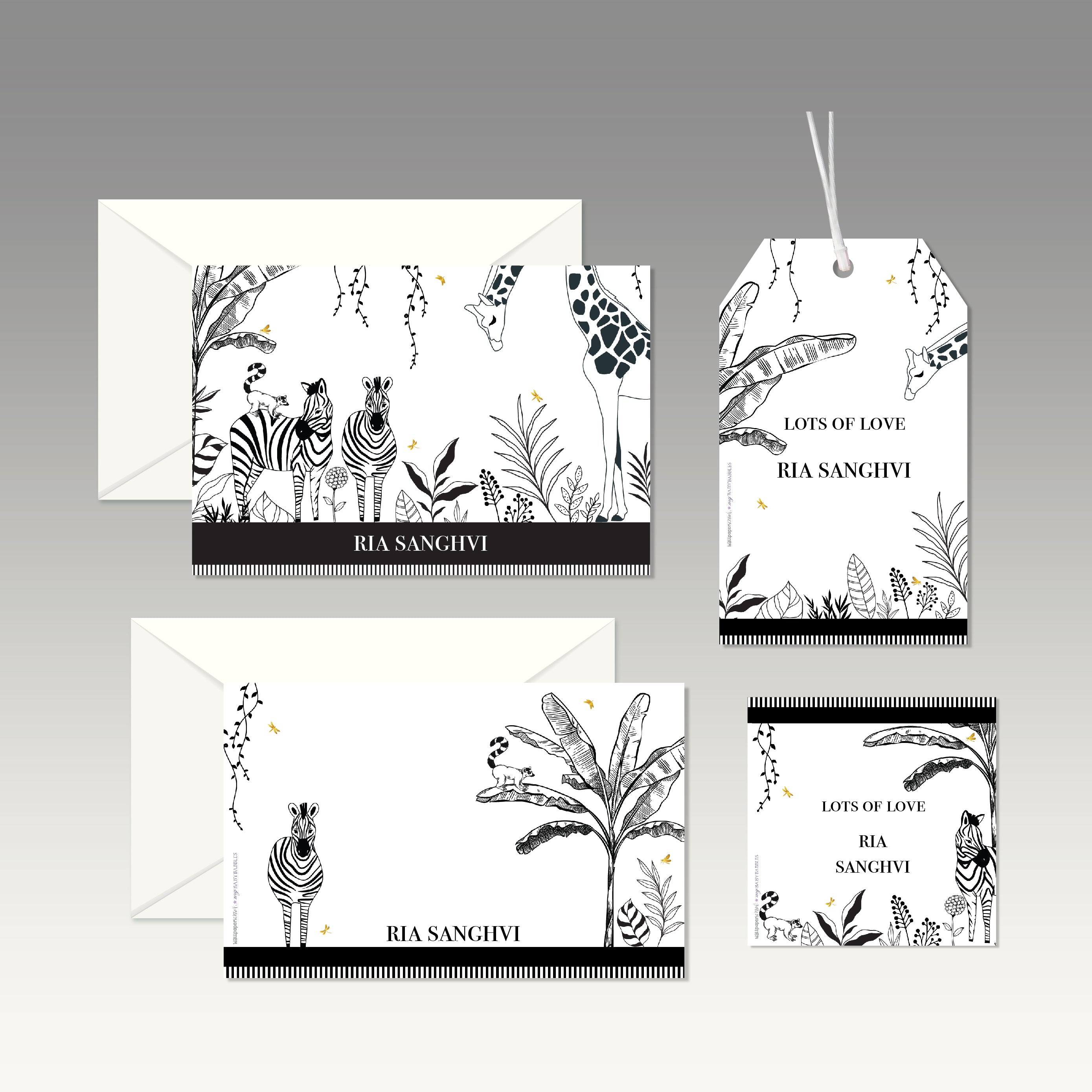 Personalised Stationery Gift Set - Black & White Animals, Set of 24 or 48 <br> WallPaperScissor x My Baby Babbles Exclusive