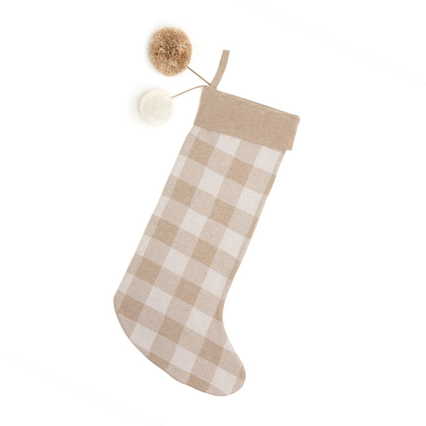 Gingham Christmas Stocking - Base: Light Camel; Letter: Oatmeal Marle